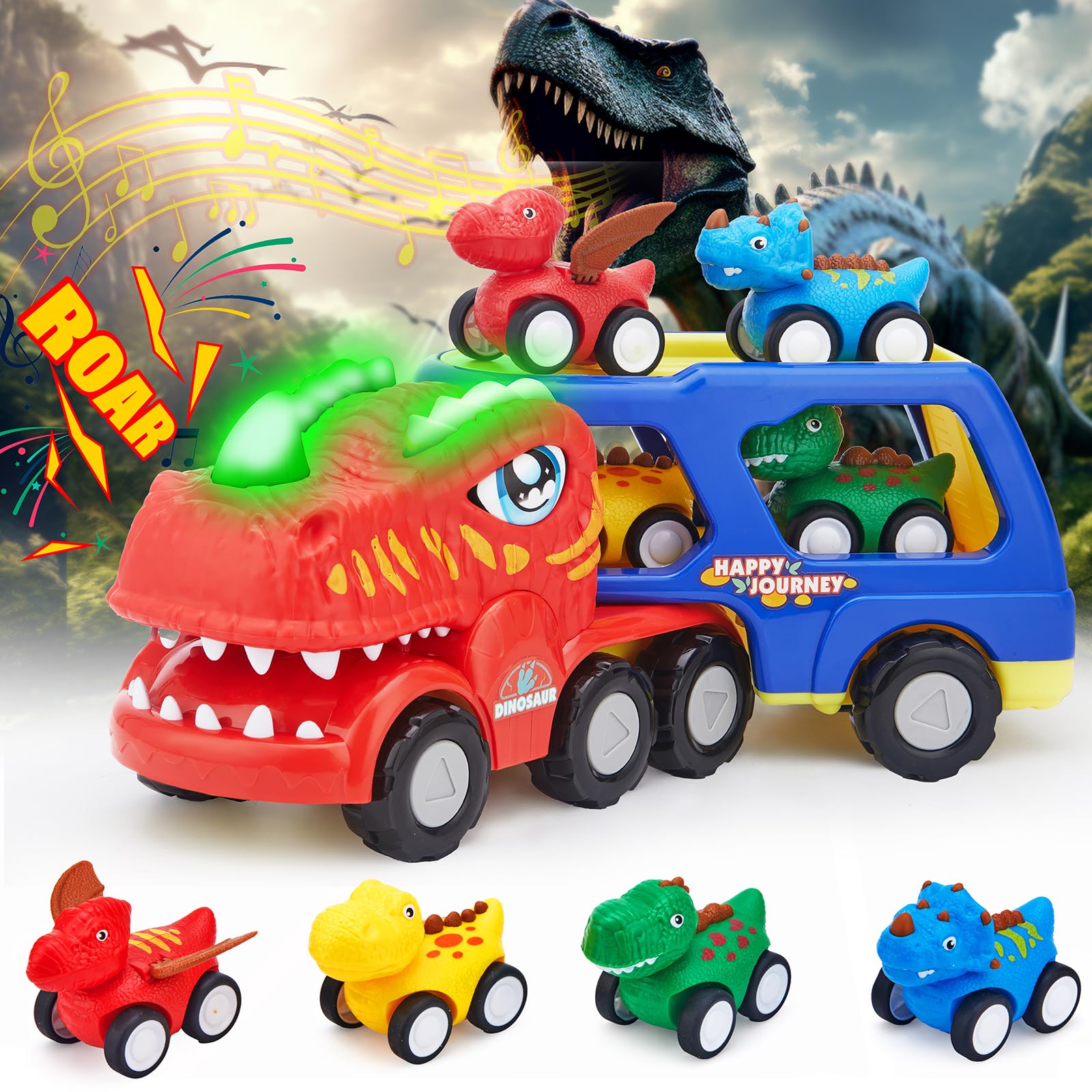 Dinosaur Truck Toys for Kids 3-5, Dinosaur Toys Truck Carrier with 4 Dino Cars, 5 in 1 Dinosaur Vehicle Trucks Toys with Lights Sounds, Dinosaur Toys for Kids 5-8 Birthday