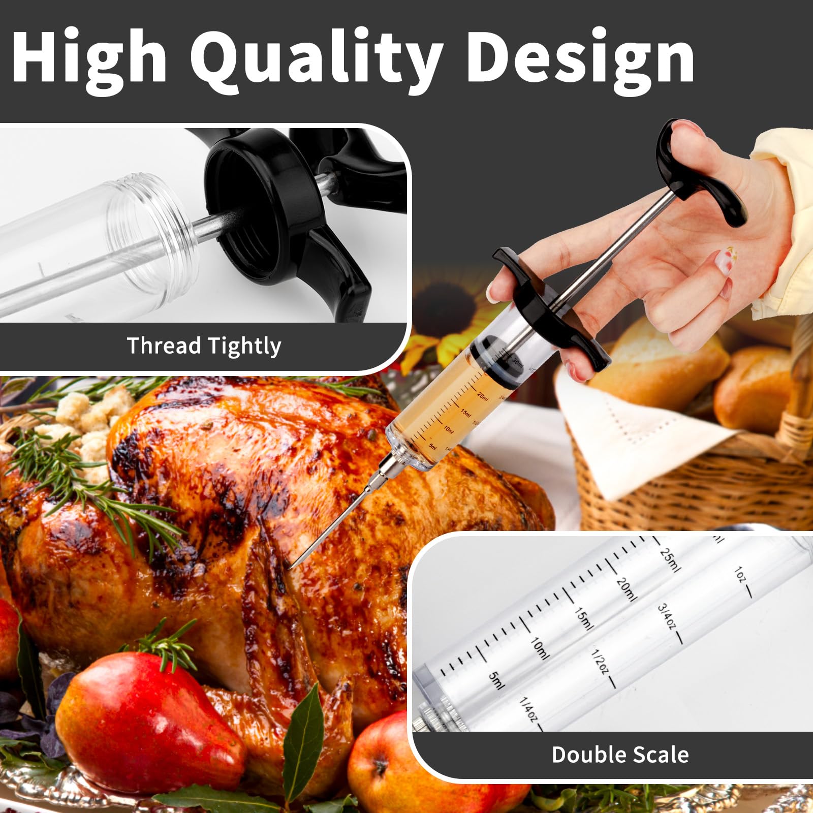 Turkey Meat Injector Syringe Kit with 3 Marinade Needles for BBQ Grill Smoker, 1 Cleaning Brush, 1 Oz Large Capacity Injector Marinades for Meats Black — Amazon image 7