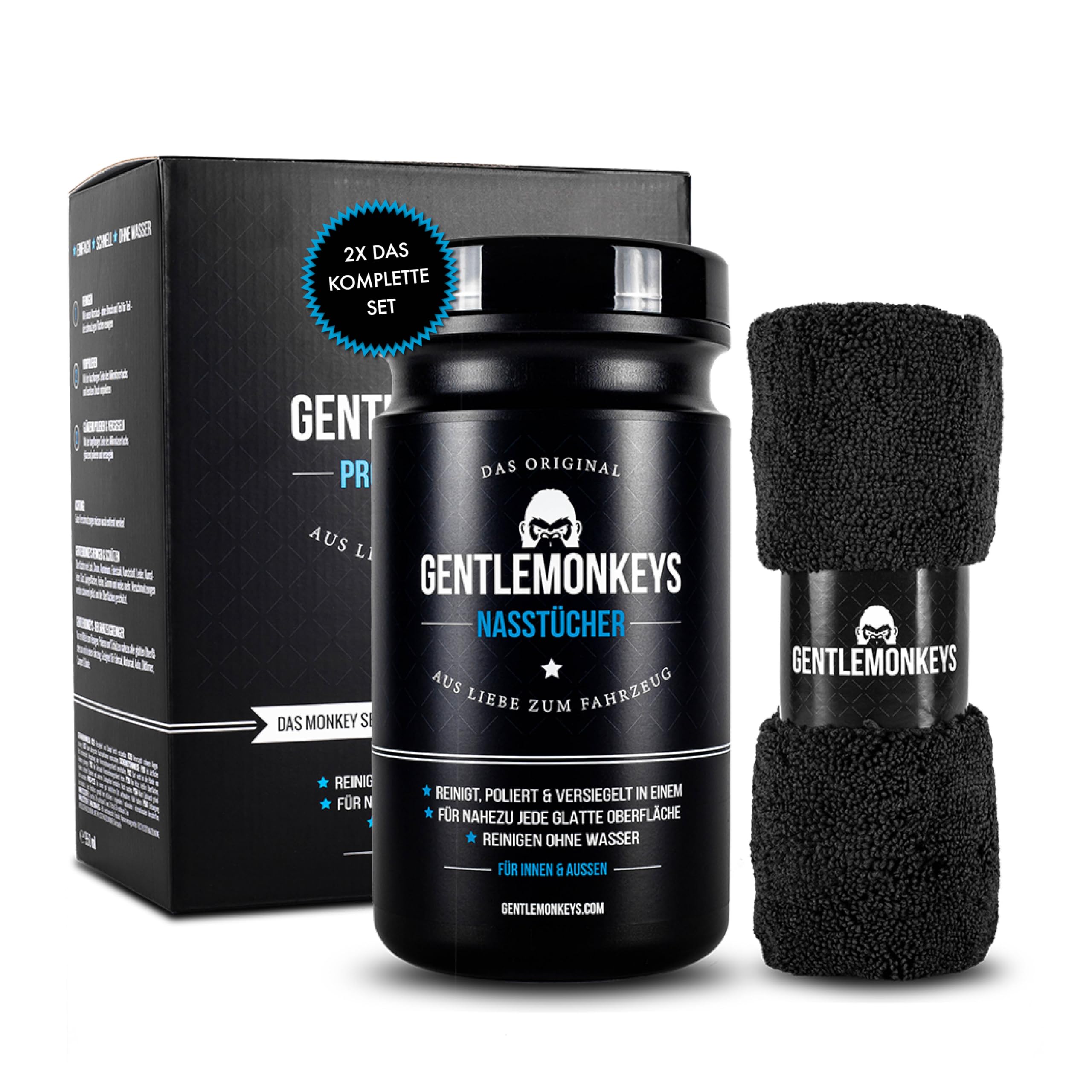 GENTLEMONKEYS Profi Autopflege Set • Auto waschen ohne Wasser • Pflegeset für Innen & Außen • Für Auto, Oldtimer, Camper • Nachhaltig & effizient • 90 Nasstücher + 2 Microfasertücher