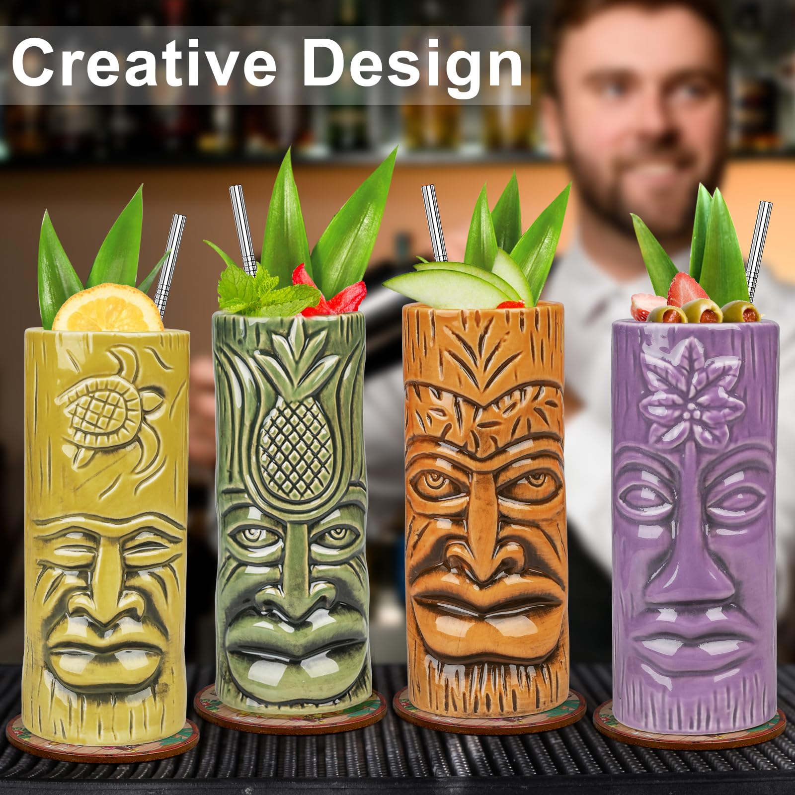 Tiki zestaw filiżanek, 4 sztuki, szklanki tiki do koktajli, duże tropikalne kubki ceramiczne z podstawkami, na Hawaje, Tiki, imprezę, koktajl, szkło, do baru, drinków, premium, tropikalne, egzotyczne