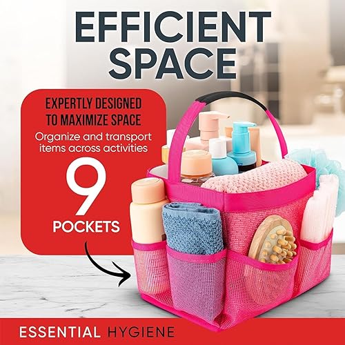 Miniatura 11 de Masirs Organizador de ducha de malla, organizador de baño portátil de 9 bolsillos para viajes, gimnasio y dormitorio, bolsa pequeña plegable