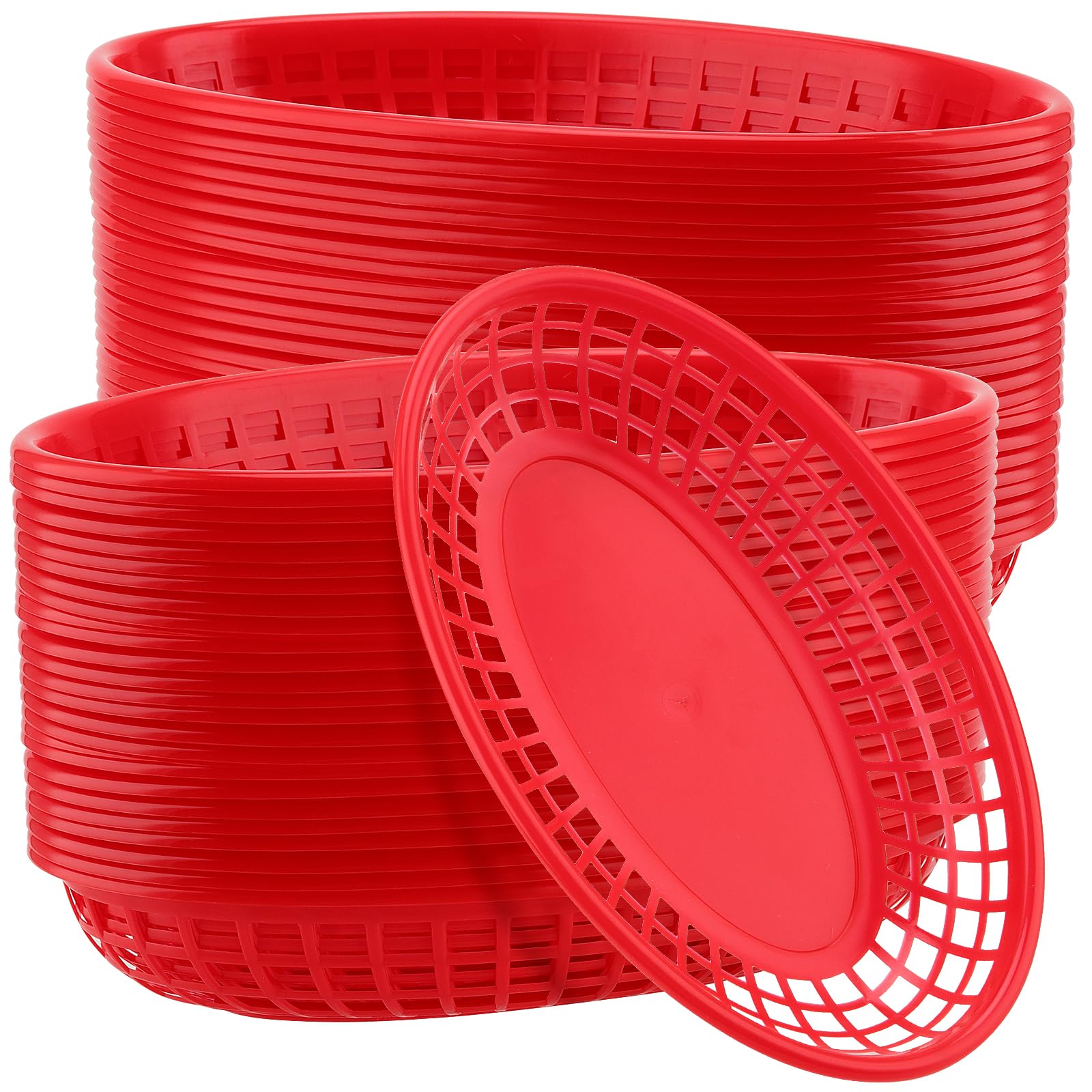 PINGEUI 60 Pack Red Fast Food Basket, Plastic Oval Food Basket Food Serving Baskets for Burgers, Sandwiches, Chip 23 x 14.5 x 4cm