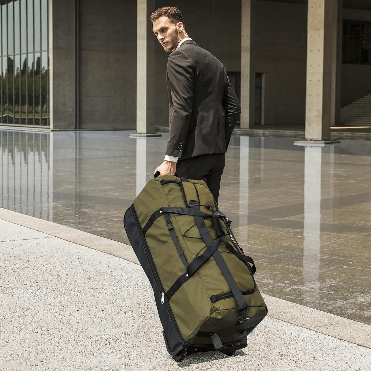 32" Soft-Sided Foldable Wheeled Duffle Bag, 110L Expandable 140L Rolling Travel Bag with Matching Storage Pouch, Updated Army Green - Image 7