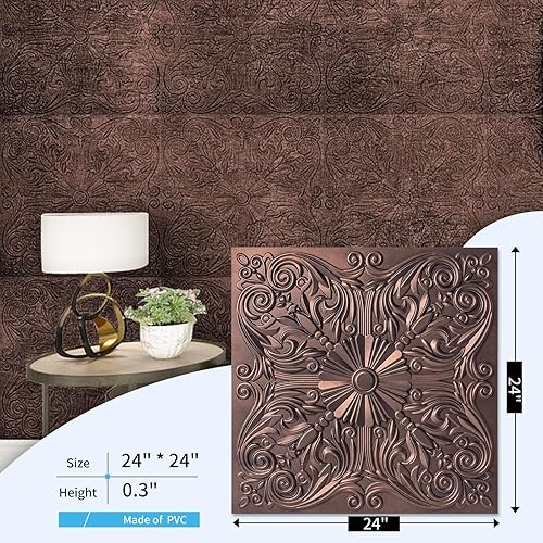 Miniatura 4 de Art3d - Azulejos decorativos para techo 2 x 2 con pegamento, para colocar en el techo, 24 x 24, paquete de 12 piezas de flores españolas en cobre