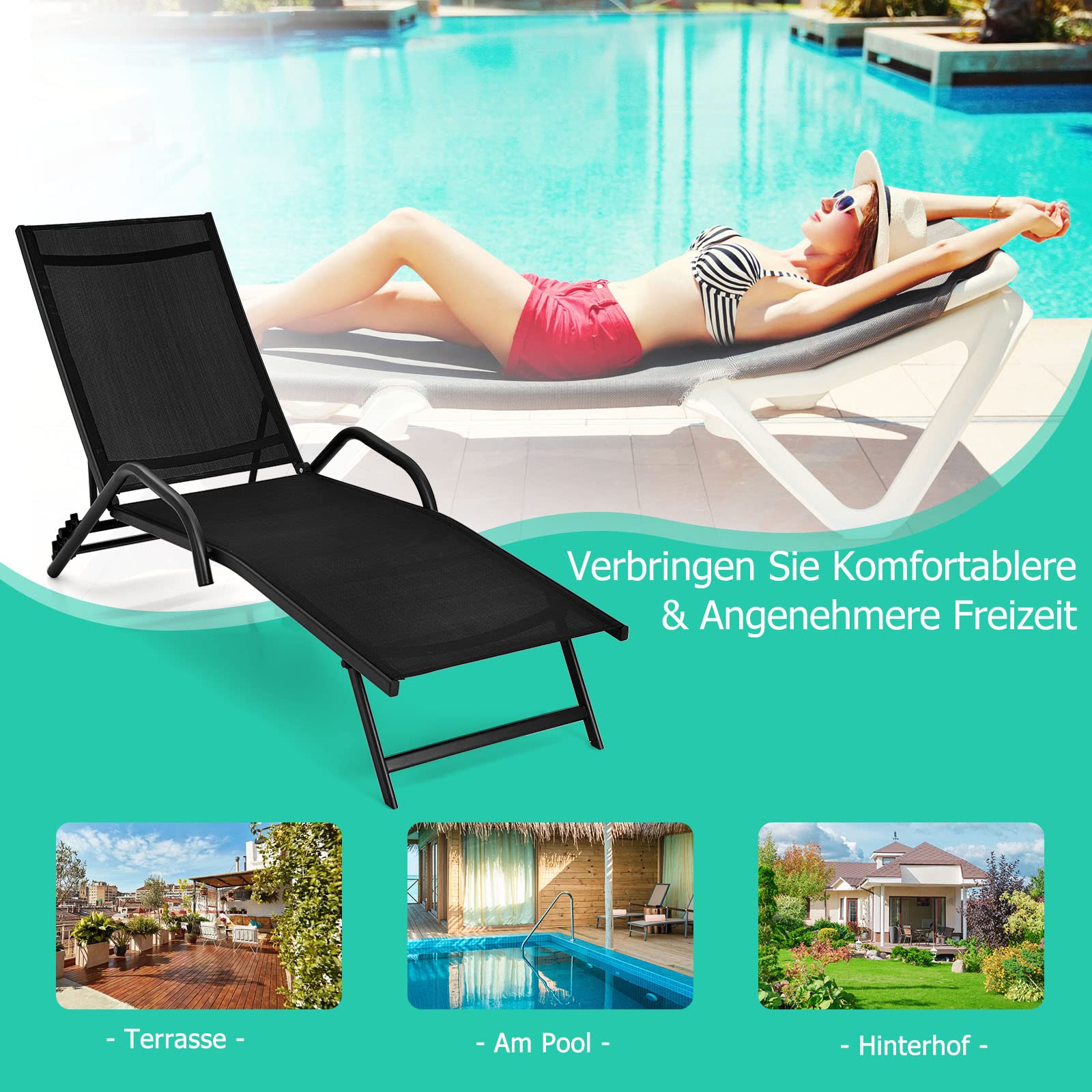 COSTWAY 2er Set Sonnenliege, Gartenliege mit 5-Fach Verstellbarer Rückenlehne, Liegestuhl bis 160 kg belastbar, Relaxliege für Garten, Balkon, Terrasse, 184,5 x 62 x 71 cm (Schwarz)