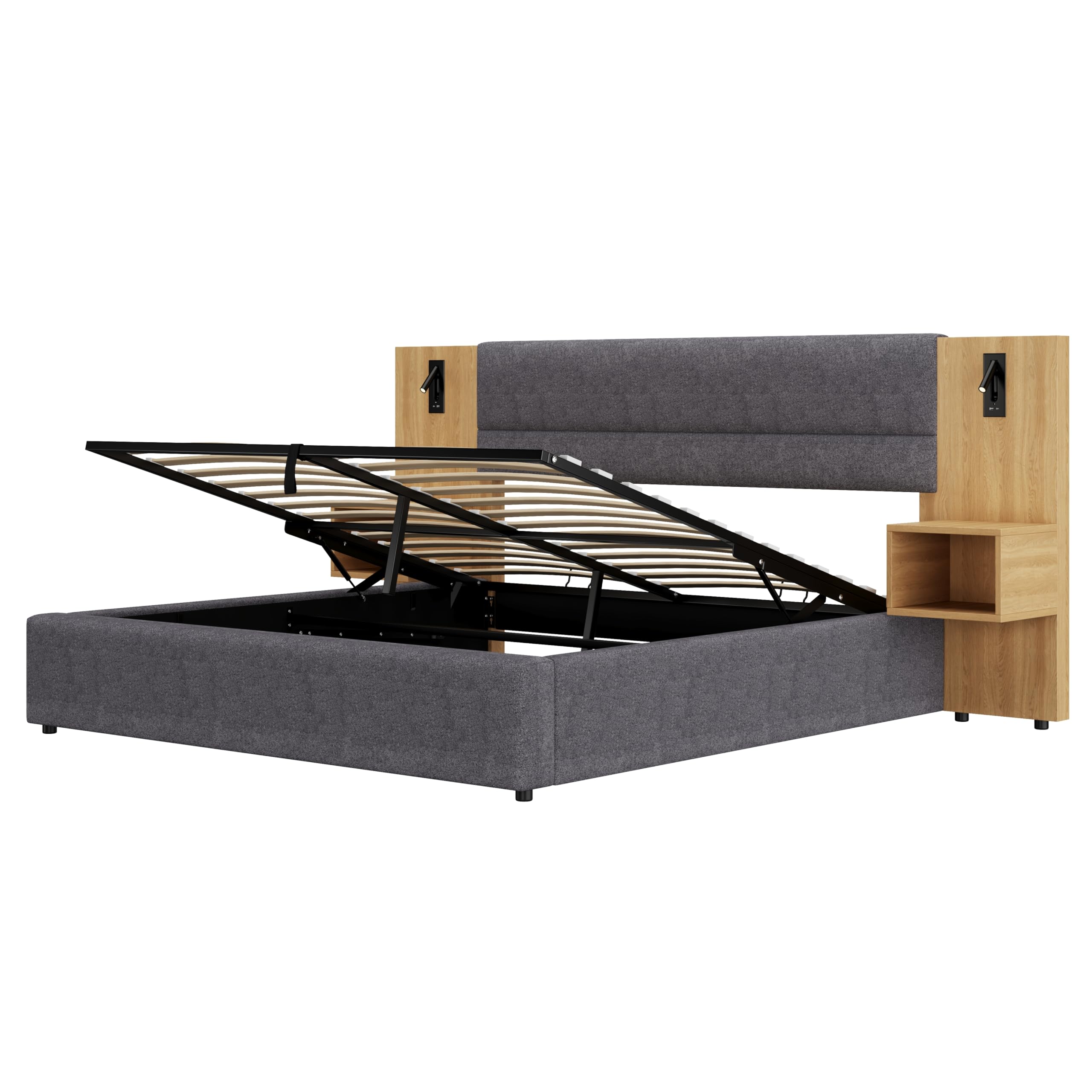Letto imbottito 160 x 200 cm, idraulico, con connettore USB, illuminazione con due comodini con spazio di archiviazione, rete a doghe in legno, facile da montare, velluto grigio + naturale