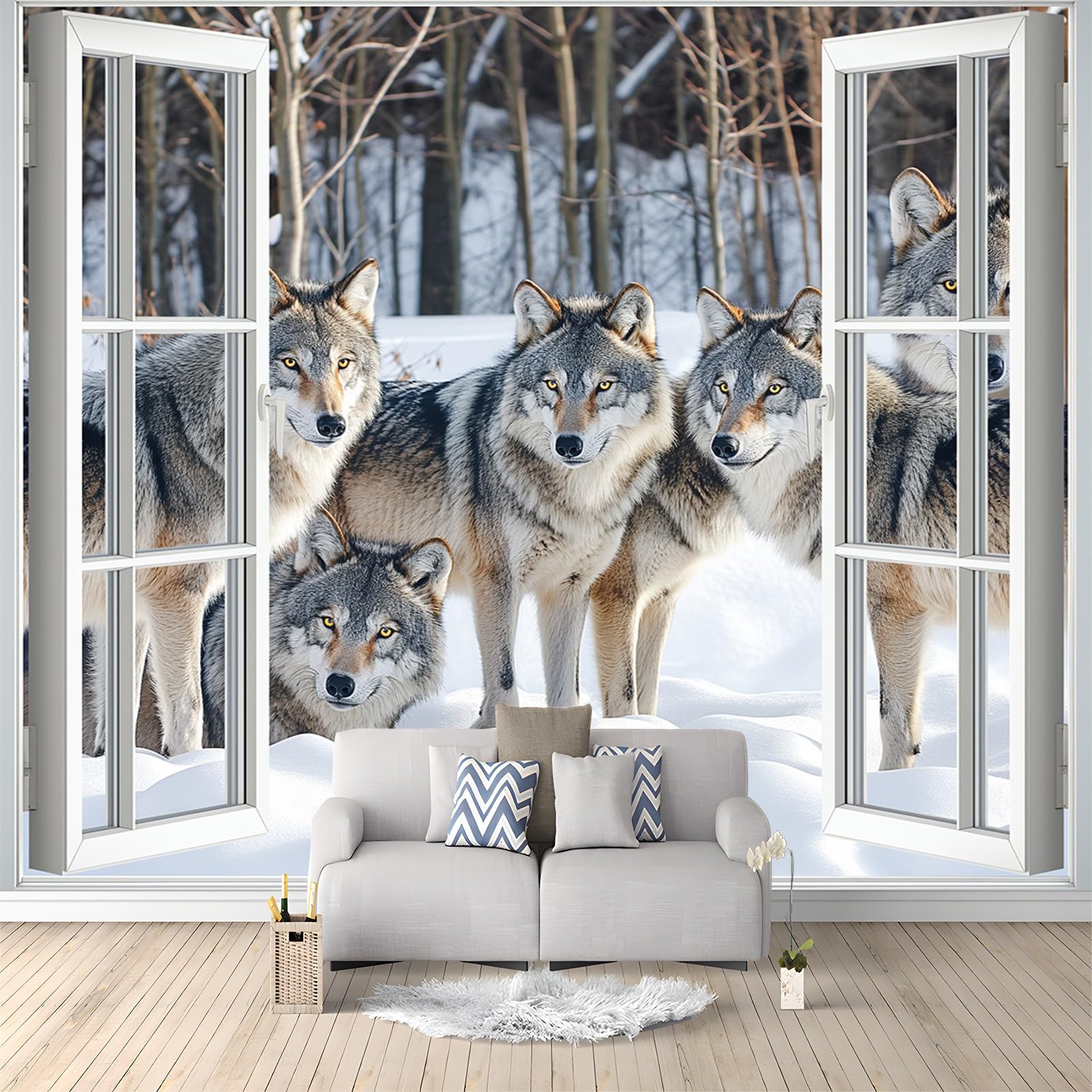 decomonkey - Papier Peint Panoramique Animaux Loup 350x256 cm - Décoration murale moderne – Tapisserie décorative pour chambre salon - Abstraction arbres montagnes nature chiens loups animaux