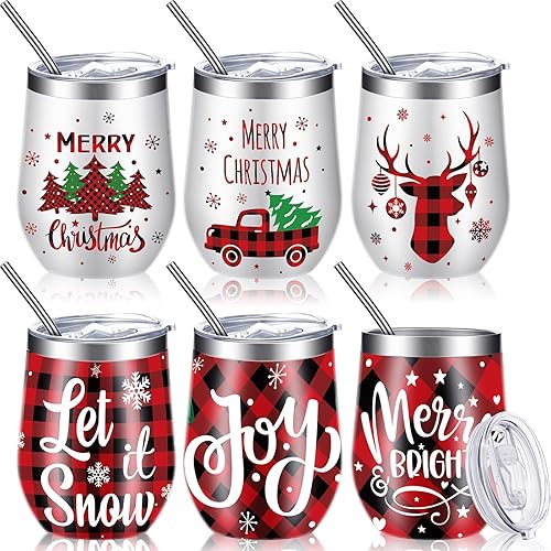Ziliny 6 vasos de vino de acero inoxidable de Navidad de 12 onzas, vaso de vino aislado divertido con tapa, popote y cepillo, tazas de vino aisladas