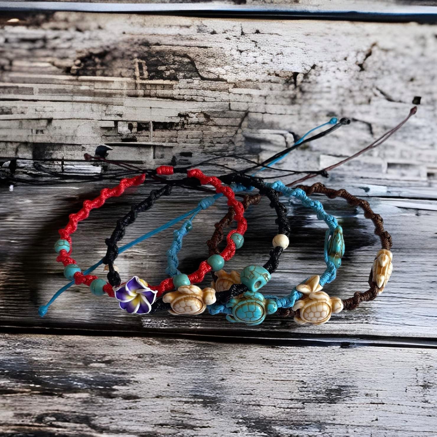 4 Pcs/Set Turtle Hemp Bracelet Frangipani Flowers Hawaiian Bracelet with Turtle in Turquoise Color Set Best Friend - Image 4