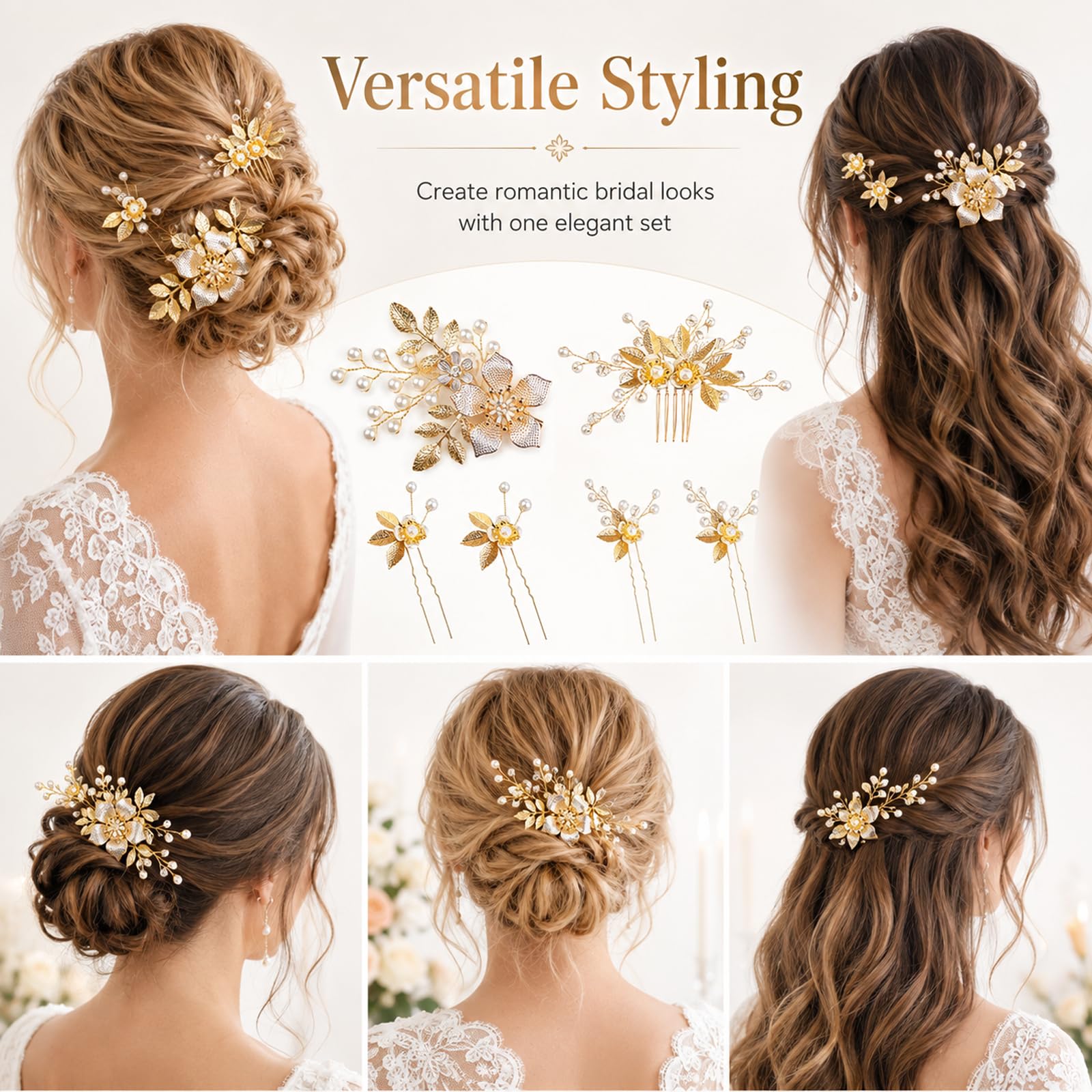 6 forcine per capelli da sposa, accessori per capelli da sposa, set di pettini per capelli con perle, oro