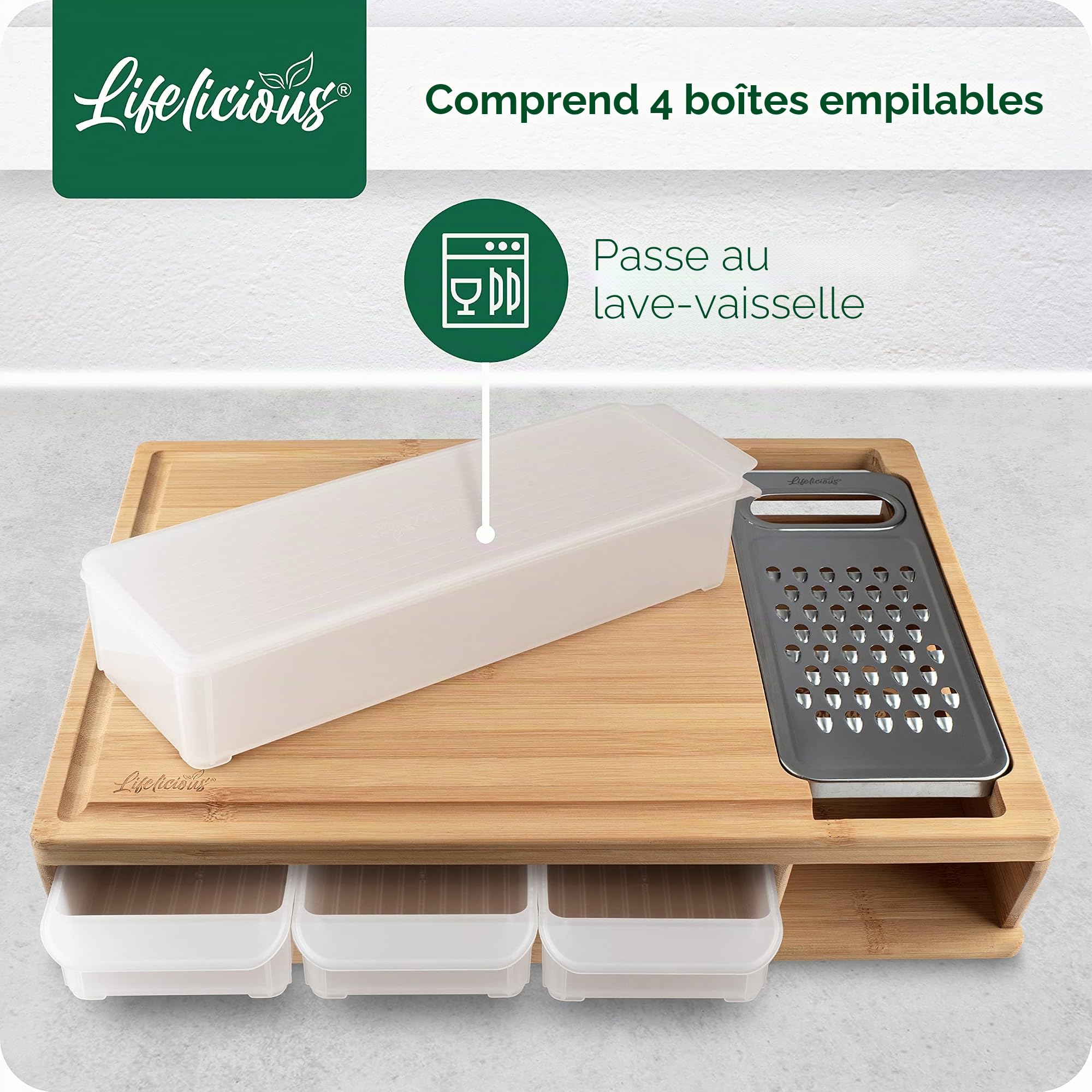 Planche à découper de qualité supérieure avec bac récupérateur [avec râpe en acier inoxydable] Bols en plastique lavables au lave-vaisselle - Grande planche de cuisine