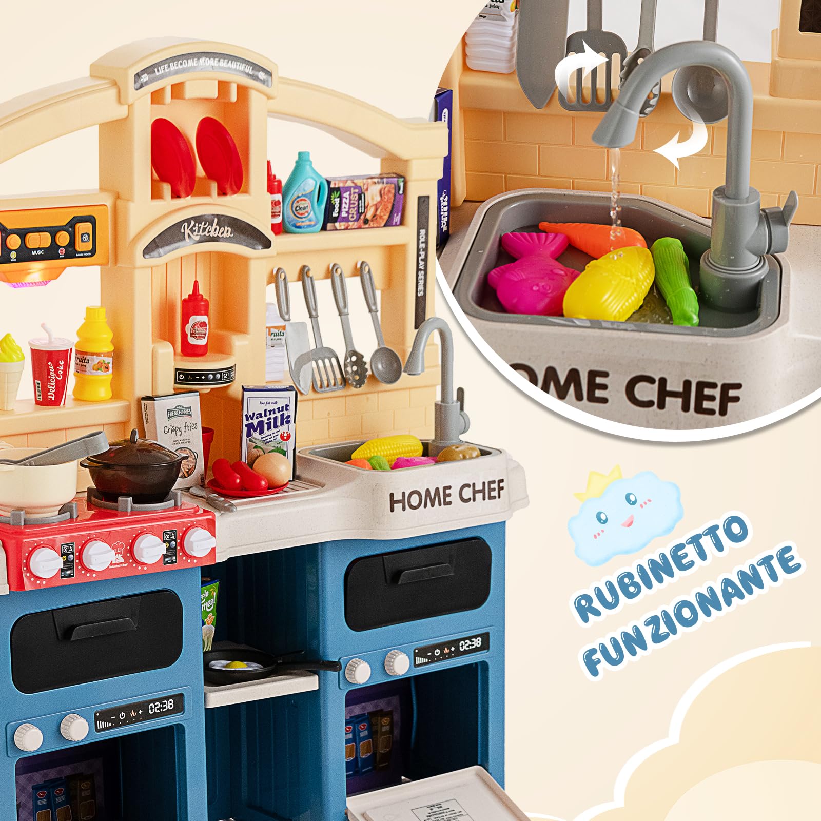 RELAX4LIFE Cucina Giocattolo per Bambini con 42 Accessori, Gioco di Cucina con Effetti Sonori e Luminosi, Funzioni vapore e Ebollizione, Gioco Cucina Realistica per Bambini 2 3 4 5 6 Anni (Blu)