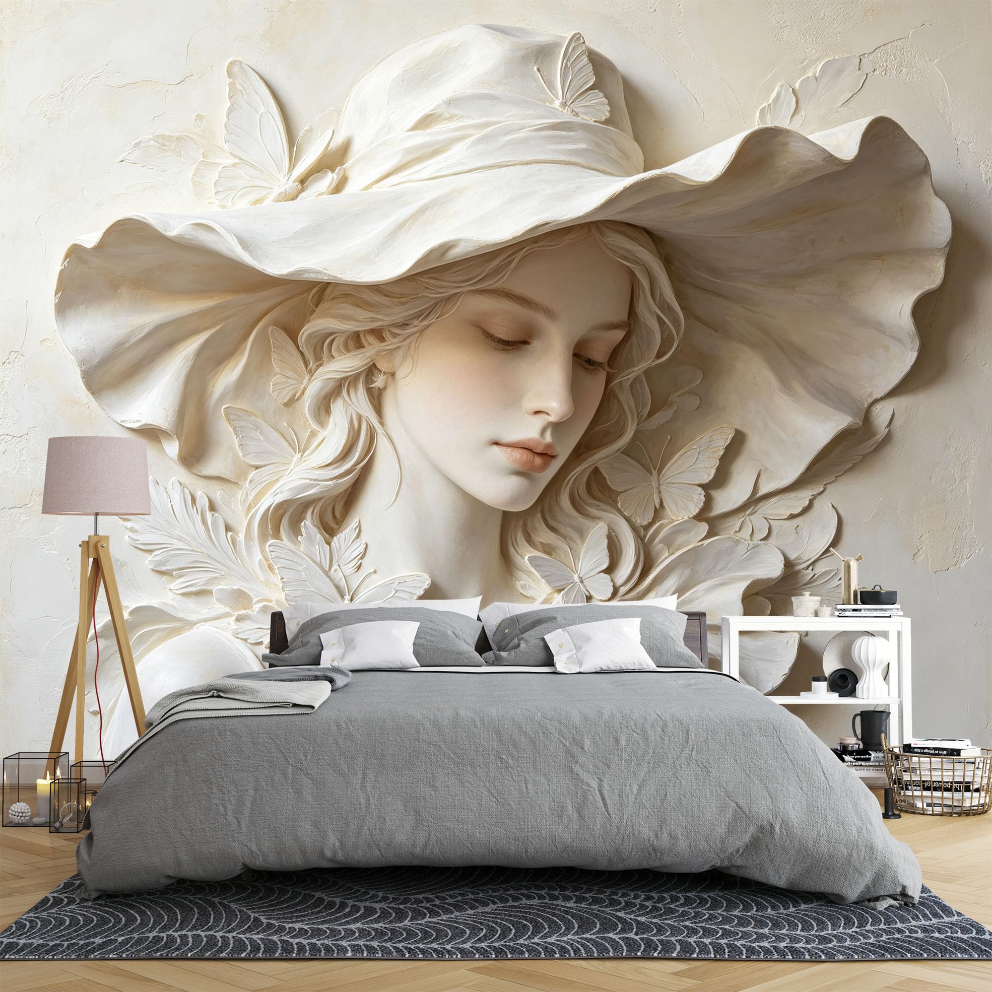 Papel Pintado Fotográfico En Relieve 3D De Una Dama Con Sombrero Y Mariposa 250 × 175 Cm Elegante Escultura De Mujer Mural De Pared No Tejido Papel Pintado De Arte Clásico Personalizado Para Dorm