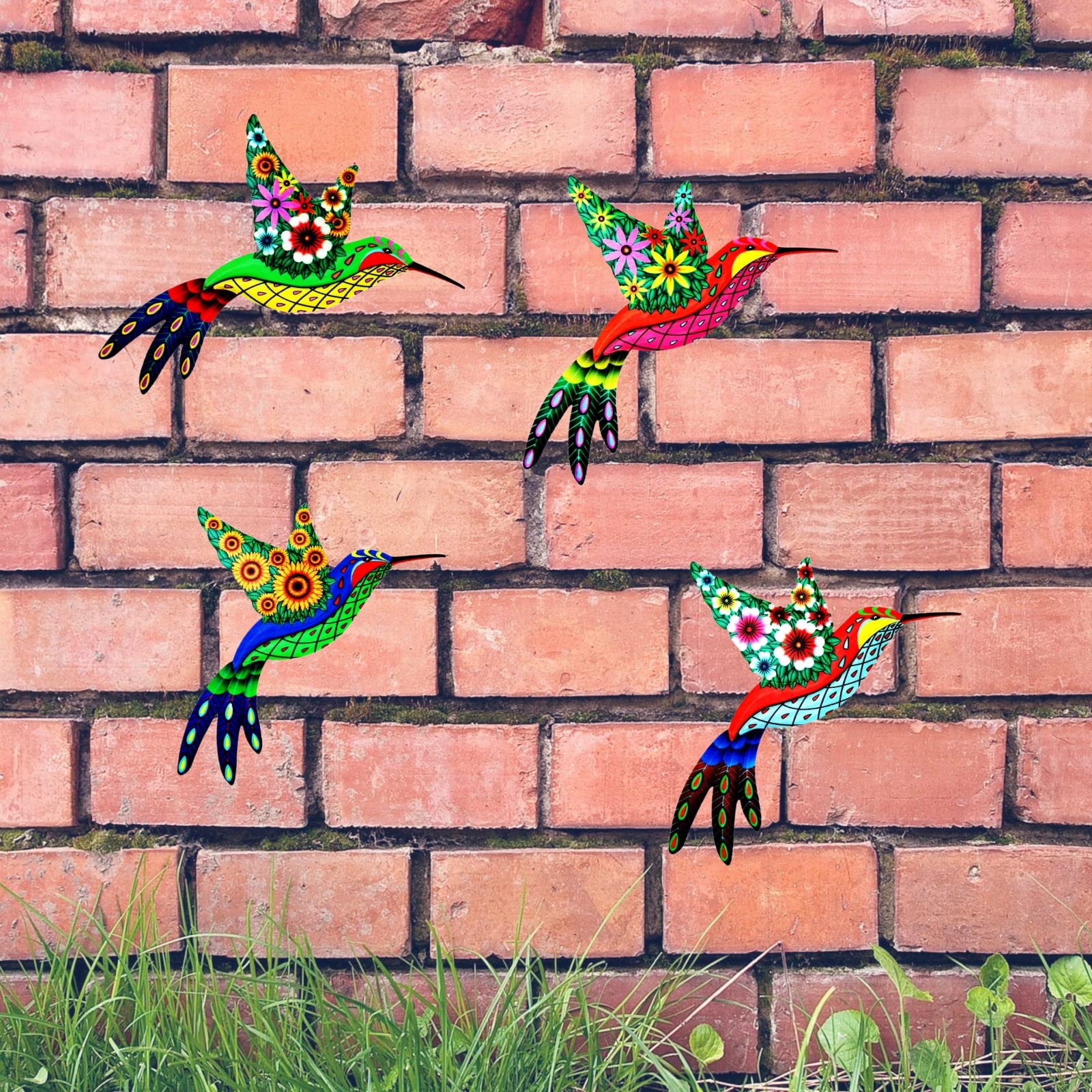 ULENDIS 4 Stück Metall-Kolibri-Wandkunst, 21x21 Cm, 3D-Dekoration Für Garten, Terrasse Und Wohnzimmer