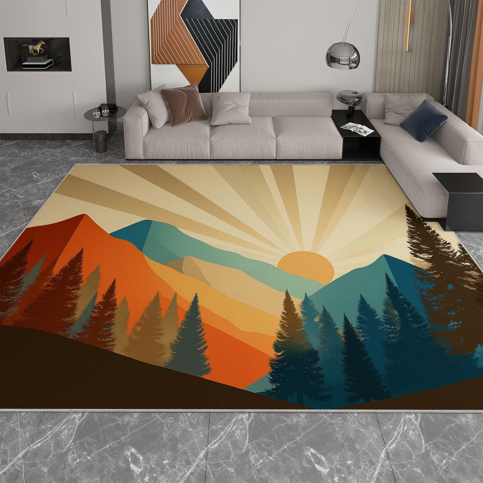 Tappeto Salotto Moderno Paesaggio Montuoso Astratto Solare Pini Montagne 160 x 230 cm Tappeto Camera da Letto, Beige Adolescenti Bambini Soggiorno Tappeti Lavabile Antiscivolo Morbido Tappetino