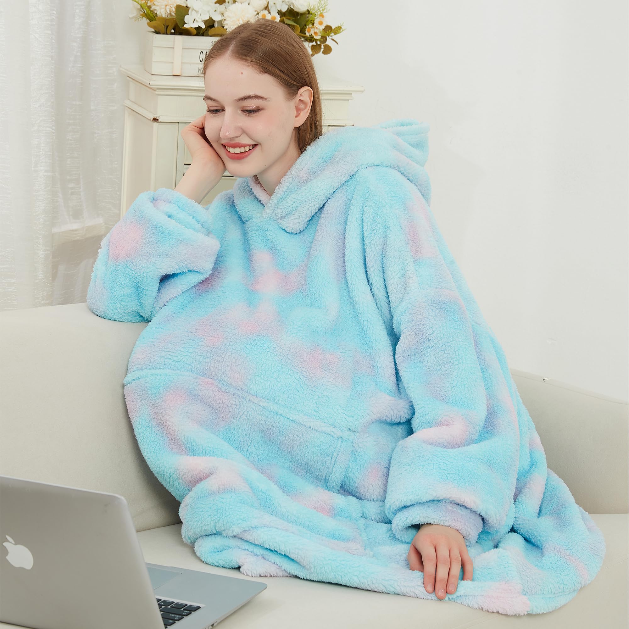 softan Coperta con cappuccio, coperta oversize indossabile in pile Sherpa, per donne e uomini, super calda e accogliente, in flanella con cappuccio, felpa regalo con tasca gigante