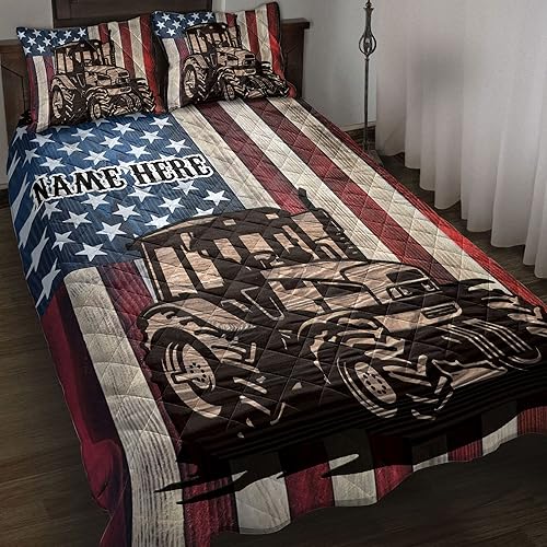 OhaPrints Juego de ropa de cama y fundas de almohada con nombre personalizado de tractor con bandera de tractor, tamaño King, Queen, doble,