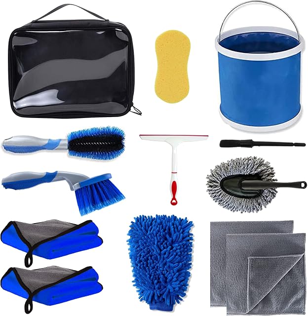 Comvi Car Cleaning Kit 12pcs- Car Washing Kit Car Cleaning Products with Storage Bag - Car Wash Kit Interior & Exterior (Detailing Wheel Cleaning Brush, Wash Bucket) Bike & Car Care Gift Set for men