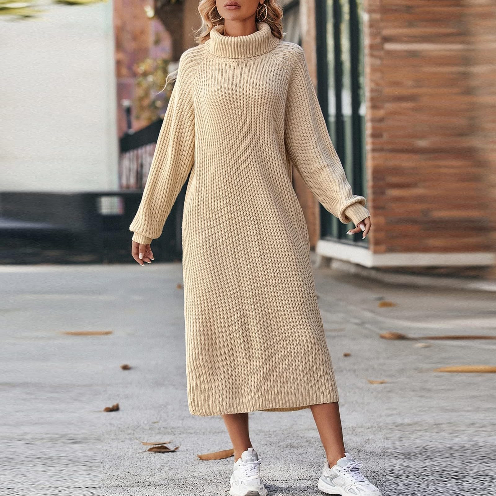 Strickkleid Damen Winter Lang Pulloverkleid Damen Rollkragen Langarm Winterkleid Elegant Gestreift Strickkleider Maxi Locker Pullikleid Alltag Winterkleider Frauen Grobstrick Dicke Maxikleid