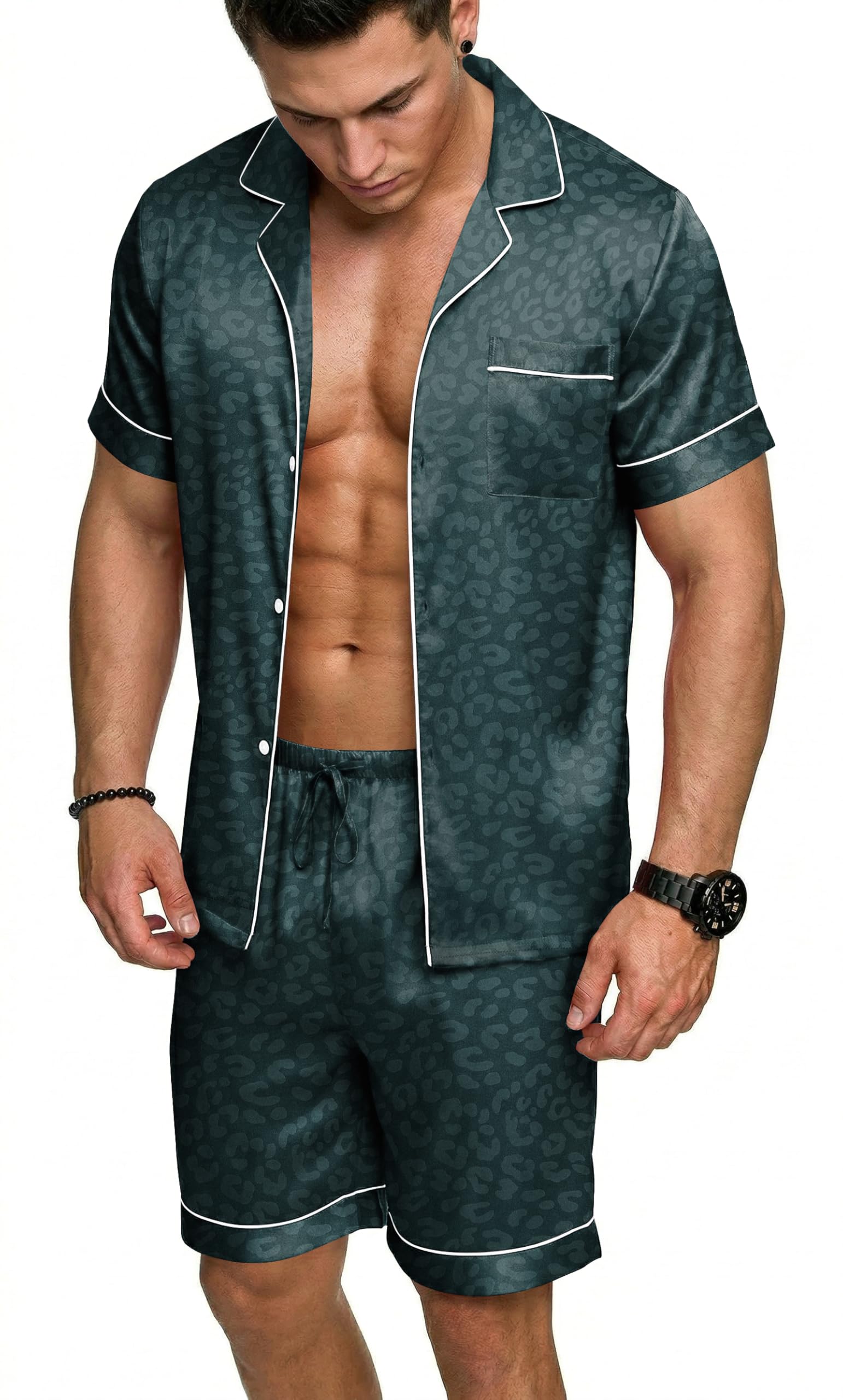 Ekouaer Mens Silk Satin Pajamas Set, Short Sleeve Sleepwear Lightweight Button Up Lounge Pjs Set with Pockets S-4XL — view 13