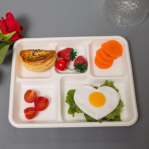 Miniatura 6 de Platos pequeños y poco profundos de 10.25 x 8.25 pulgadas con 5 compartimentos, paquete de 125 platos desechables de 5 secciones, ecológicos, platos