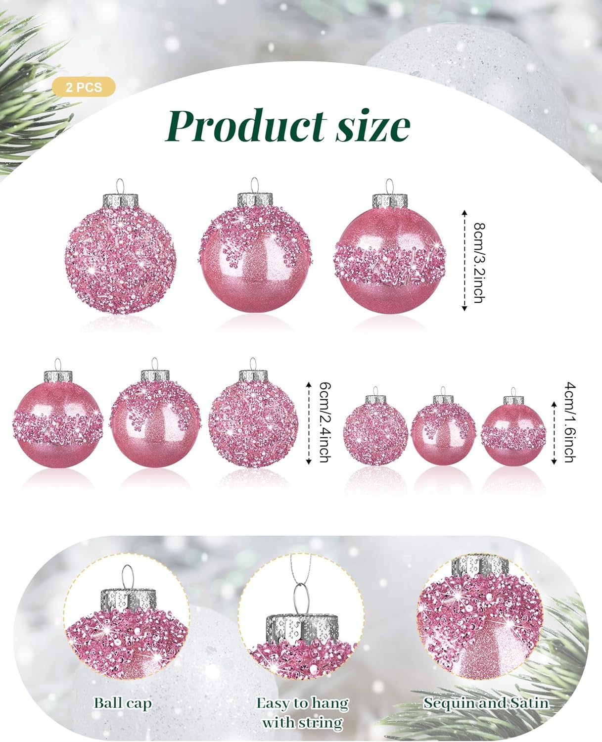 Civaner 24 Pcs Glitter Christmas Ball Ornaments Set 3.2'' 2.4'' 1.6'' Christmas Tree Ornaments Hanging Sequin Shatterproof Balls for Xmas Tree Wreath Garland Xmas Home Decor(Pink) - Image 2