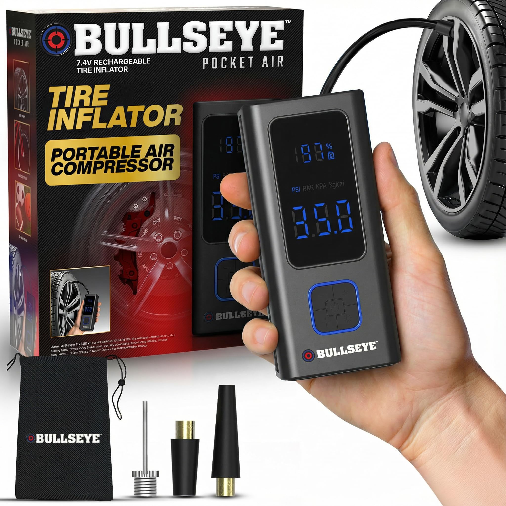 Pocket AIR Car Tire Inflator Portable Air Compressor by Bullseye Pro, 4000MAH Air Compressor Tire Inflator, Compresseur a Air Pour Auto, Portable Air Pump for Car Tires with LED Pressure Gauge