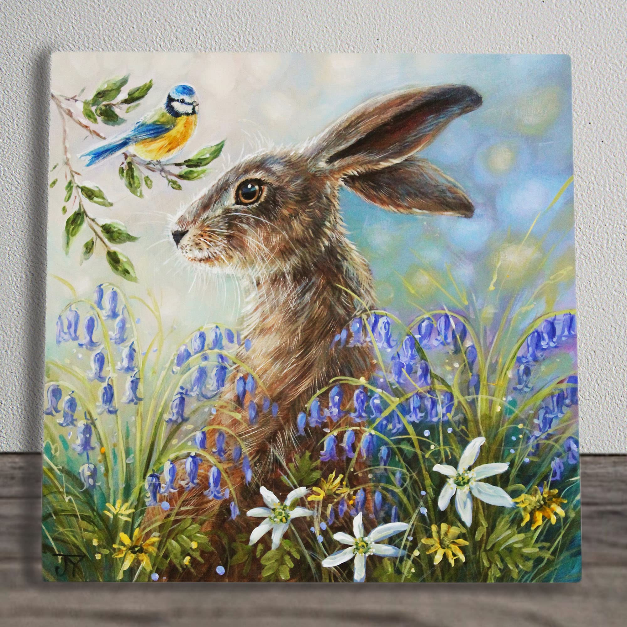 Blue, Green, Yellow. Blue Bell Hare Ceramic Picture Tile Artwork By Judith Yates Hanging Wall Art Home Décor
