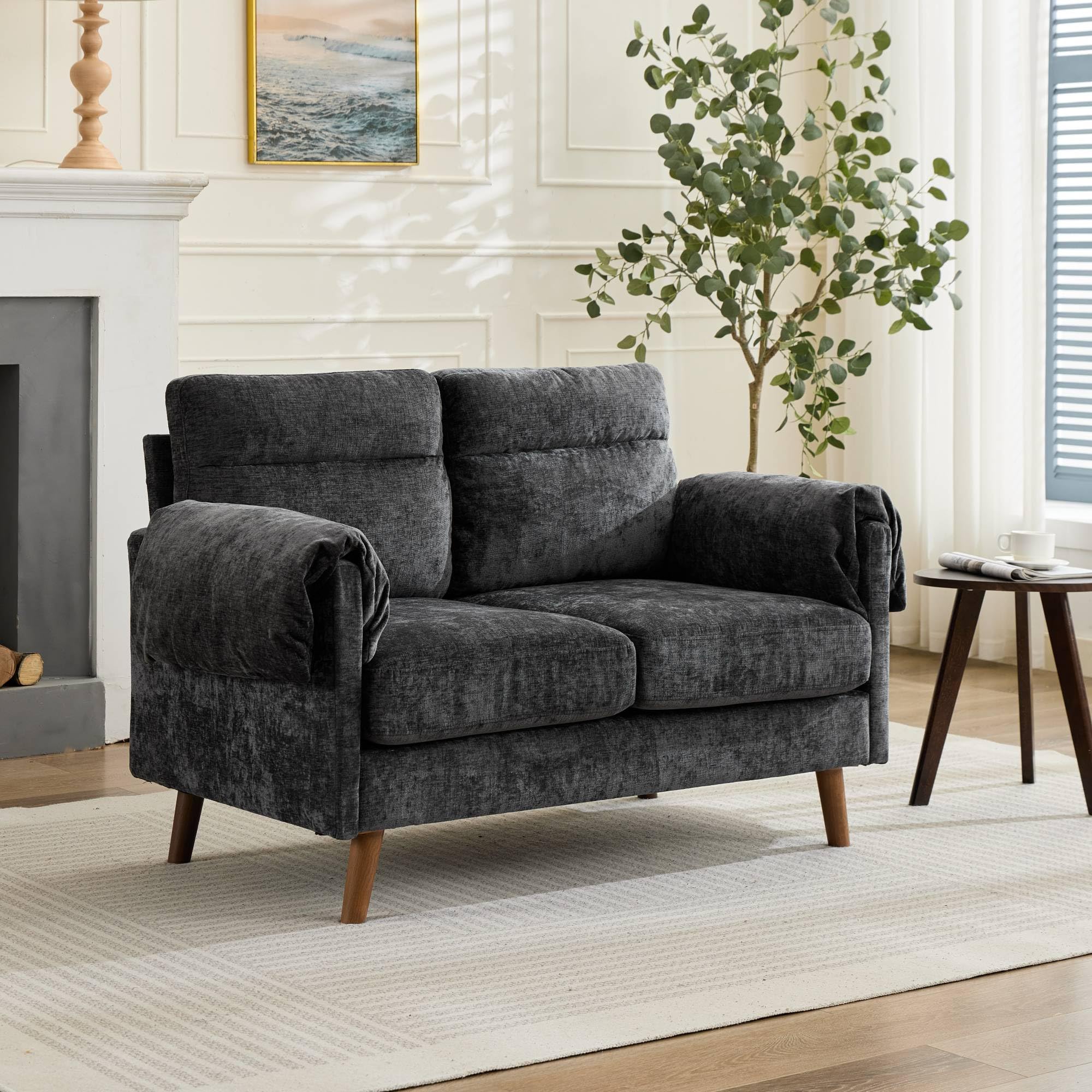 Sofá de 2 plazas negro y loveseat Mid-Century para apartamentos pequeños