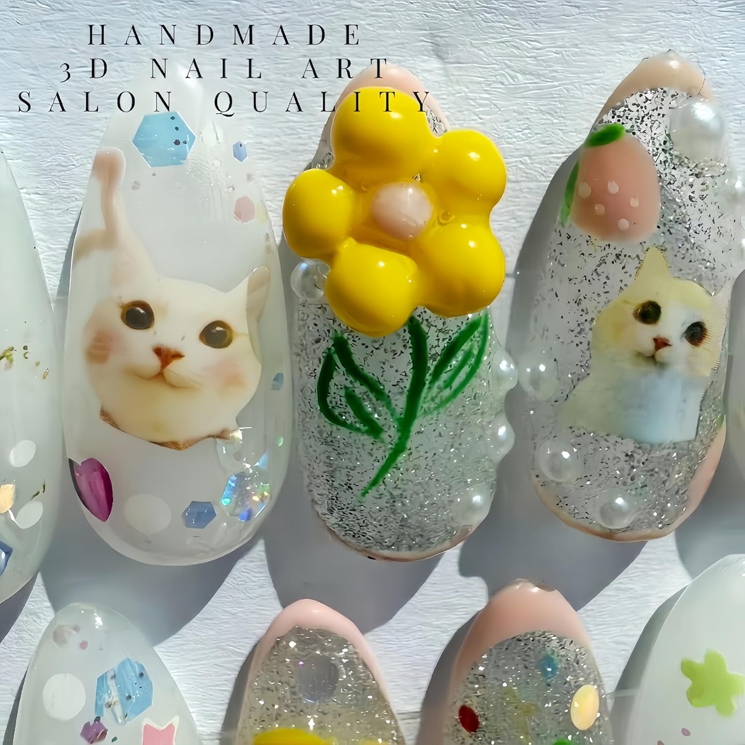 Handcrafted Press On Nails Kawaii Cat Design Cute Animal Cartoon Decals & Chunky Glitter Confetti 3D Charm Embellishments Handmade Jelly Style (Kawaii Cat, Medium L)