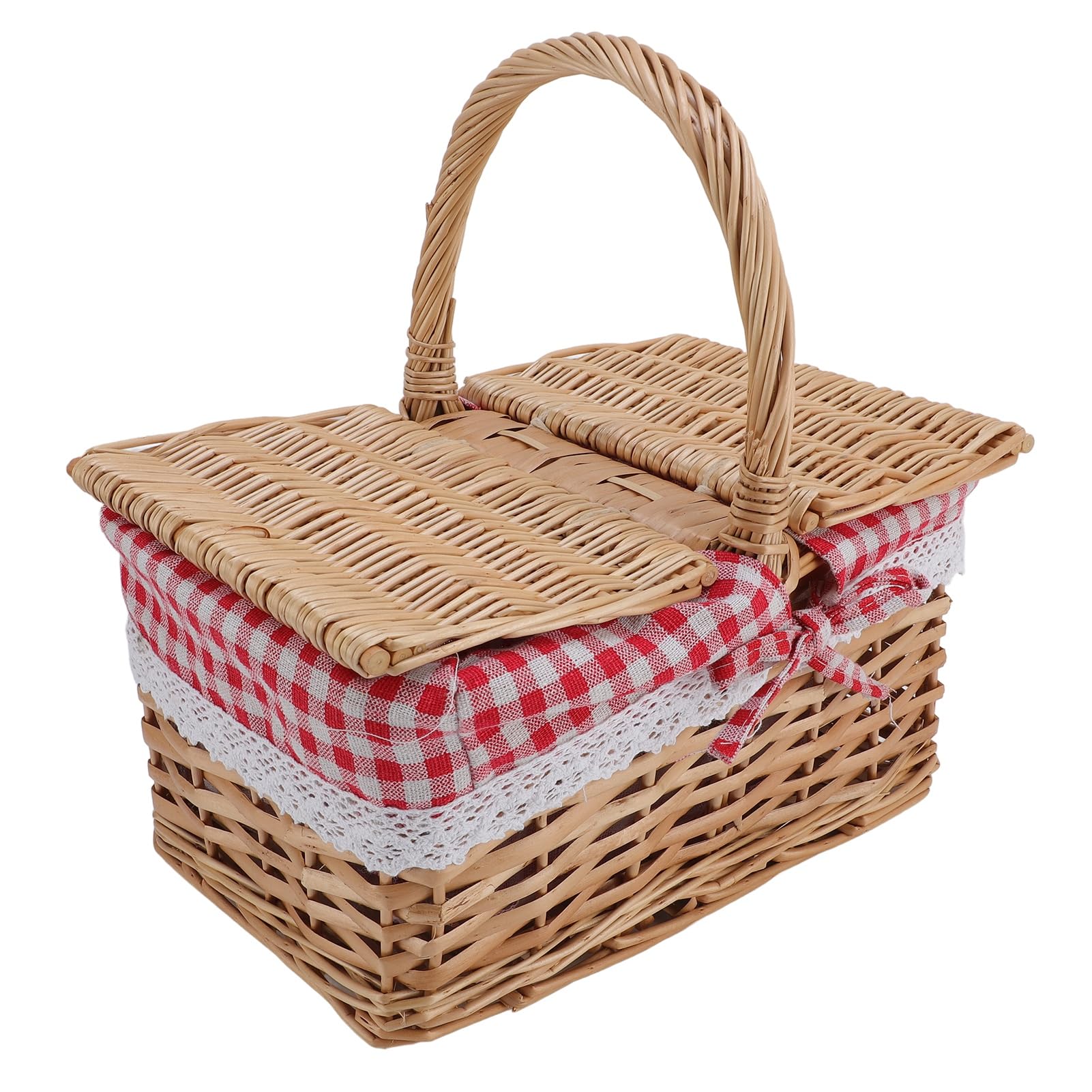 Denash Cesto in Vimini Intrecciato a Mano Eleganti Dettagli in Pizzo per Campeggio Escursionismo Frutta Fiori Cestino da Picnic in Cotone e Lino (Plaid rosso)