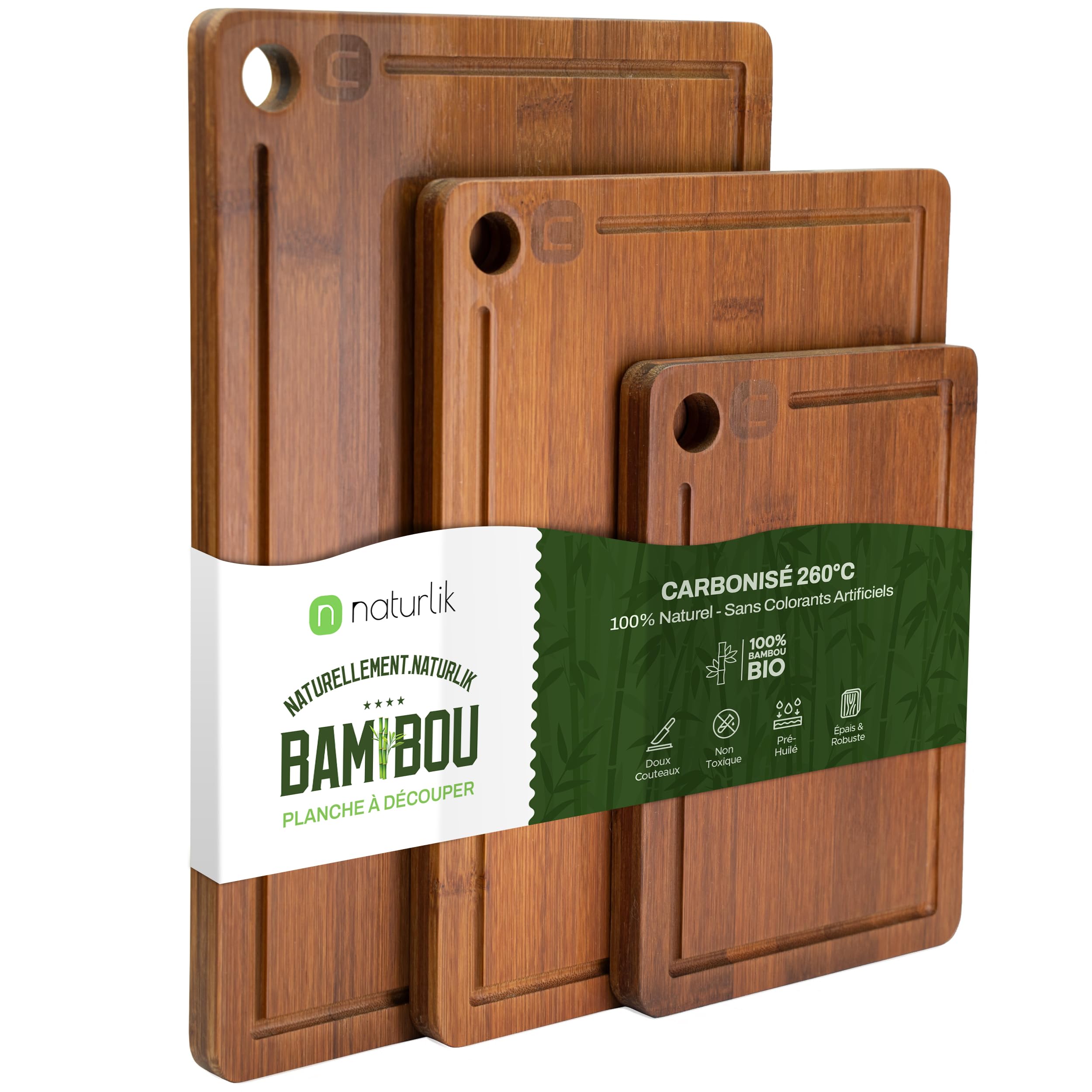 naturlik Planche à Découper Lot de 3 Carbonisée – Bambou Foncé avec Rigole à Jus – Set Cuisine Durable pour Viande Légumes Fromage Pain – Planche à Servir Prête à l'Emploi Pré-Huilée