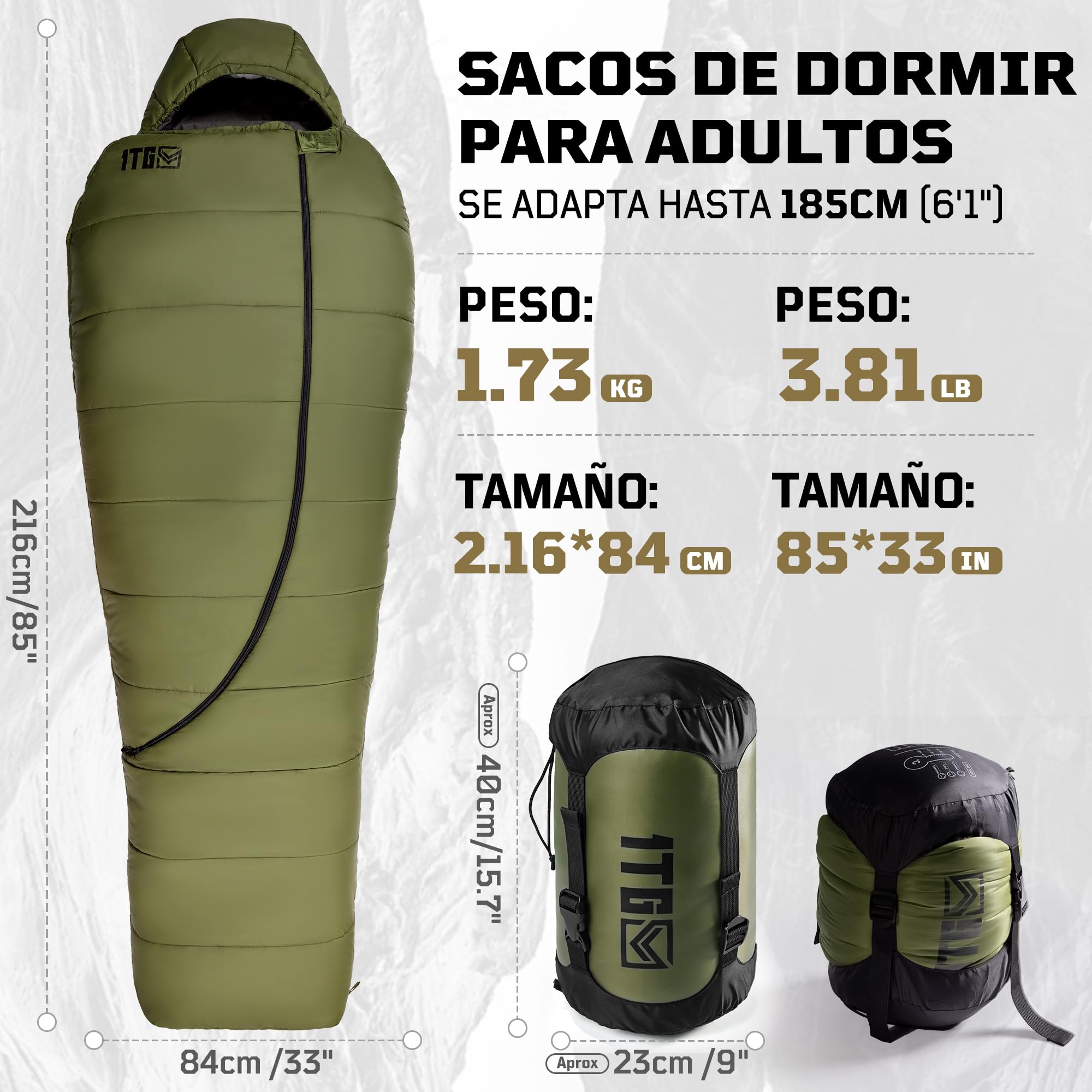 Saco de Dormir Momia 4 Estaciones Adulto 0-10°C | Ligero y Compacto (1,76 kg) | Impermeable, Hasta 185 cm | Camping, Trekking y Montaña