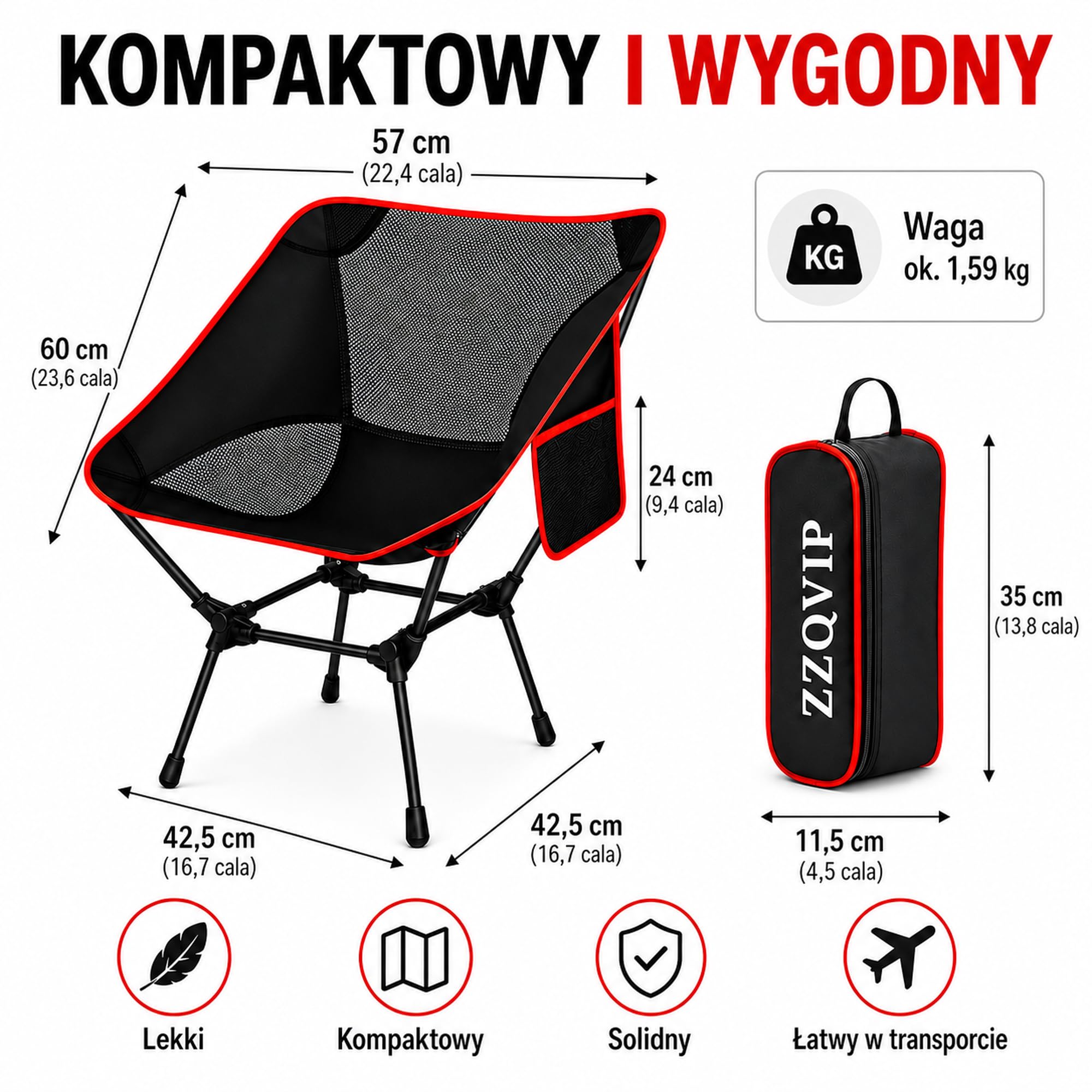 Składane Krzesło Kempingowe Lekkie 1,59 kg, Przenośny Moon Chair 900D z Torbą i Kieszenią Boczną, na Plażę Wędkowanie Piknik Ogród do 120 kg