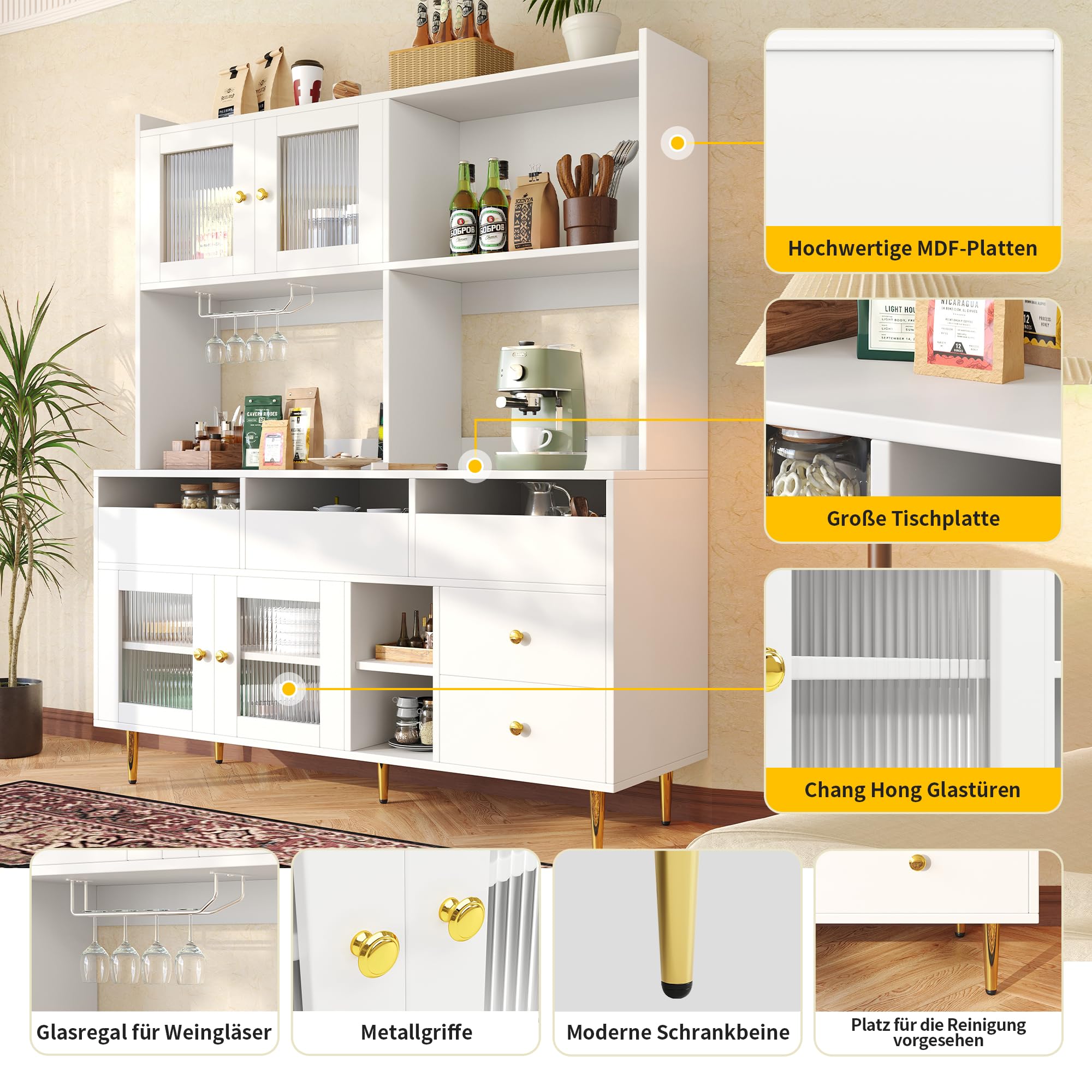 Zravenna Keukenkast, sideboard, woonkamer, wit, 120 x 40 x 151 cm, buffetkast keuken met open opbergrek, moderne en eenvoudige kast met deuren