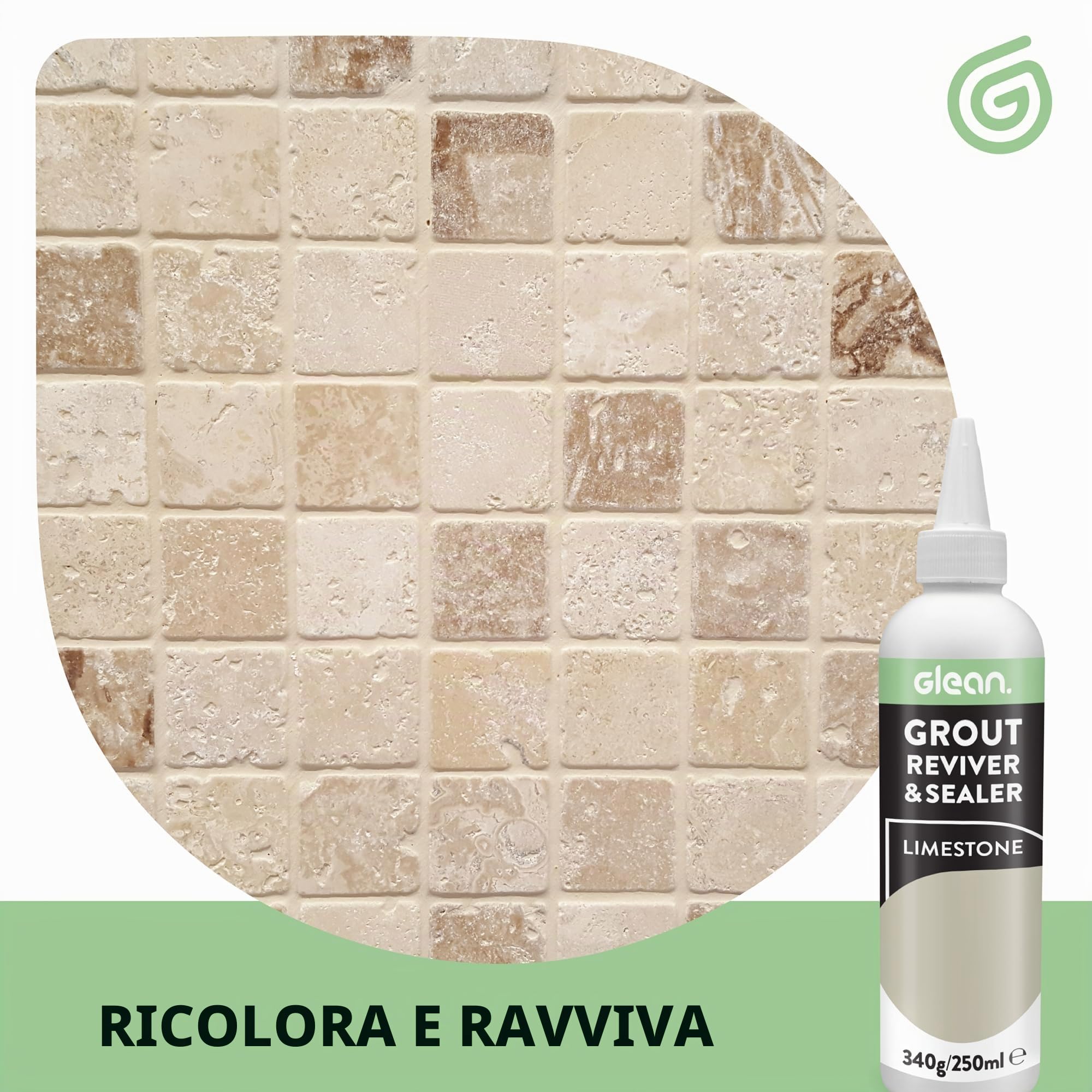 GLEAN Ravviva e sigillante per intonaco, pietra calcarea, 340 g, ripristina, ripara, rinnova le fughe delle piastrelle, include spazzola in schiuma, antimacchia, traspirante, per fughe di piastrelle