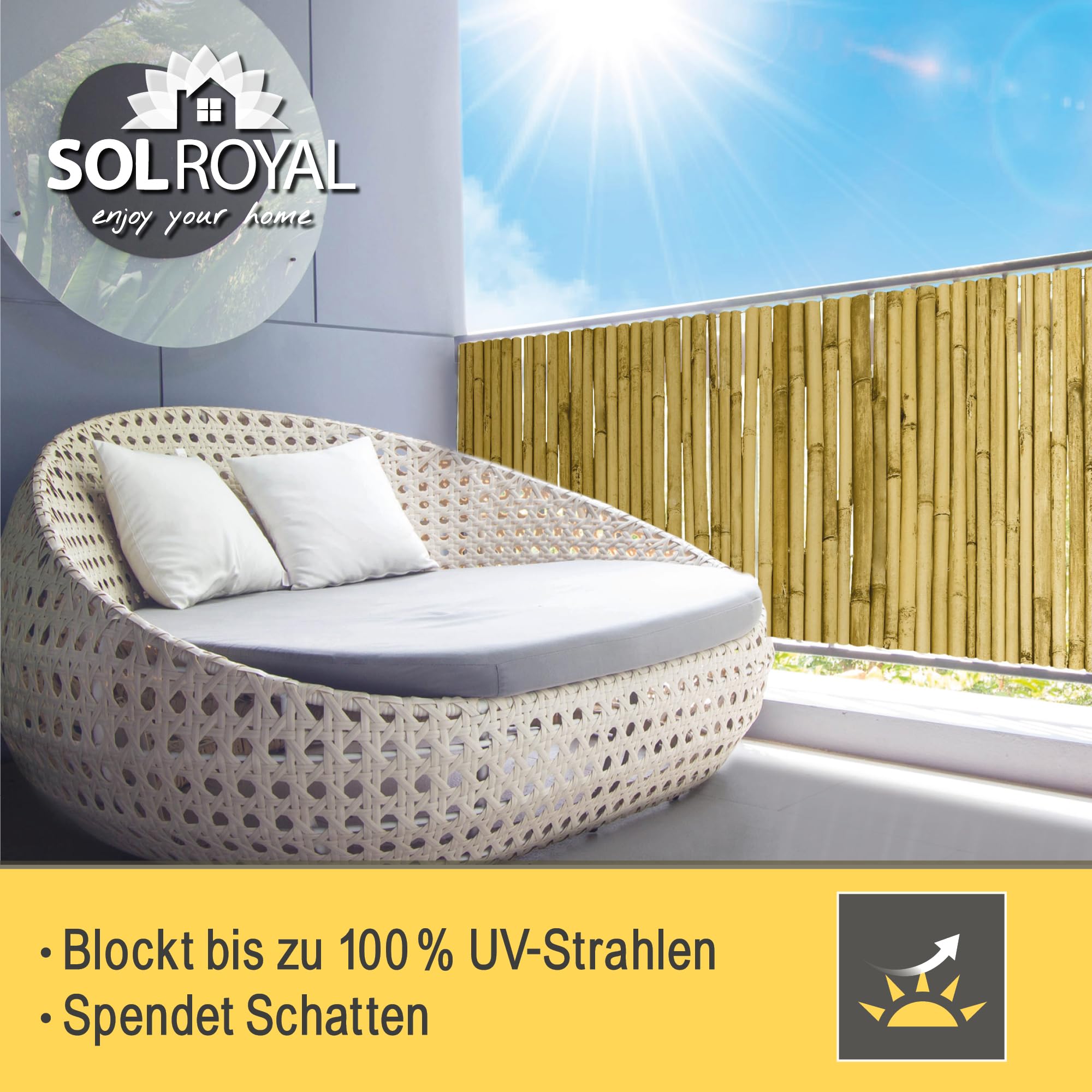 Sol Royal Hell Glänzend Premium Bambus Sichtschutz 160 hoch – Hochwertig Bambusrohre Ø2-3cm Witterungsbeständig – Bambuszaun Gartensichtschutz Balkon Sichtschutz Bambus Sichtschutzzaun 160x250cm – B99