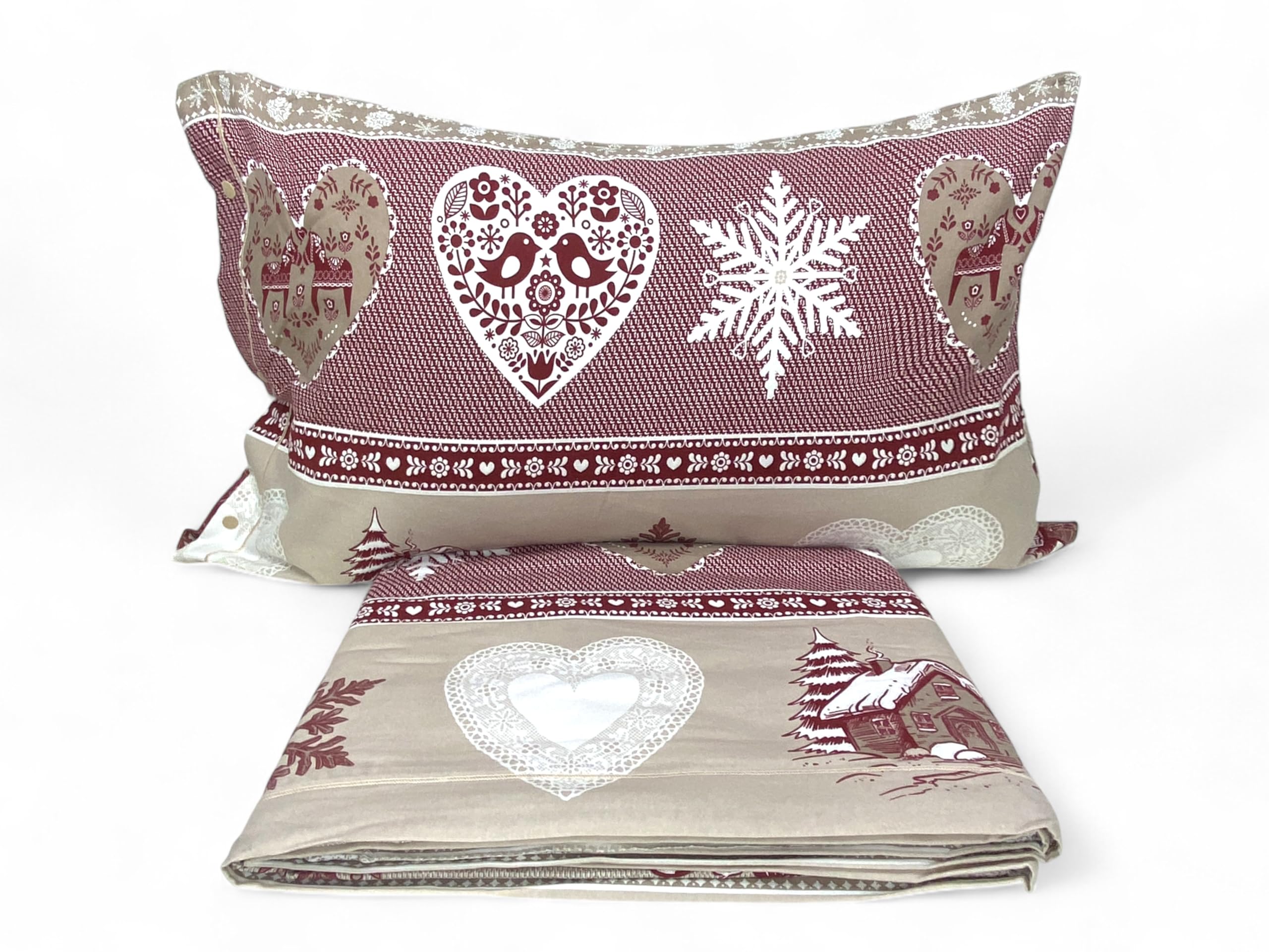 Copripiumino Matrimoniale Cuore e Baita - Flanella Cotone 100% - Anti-Pilling, con Patella Extra, Made in Italy