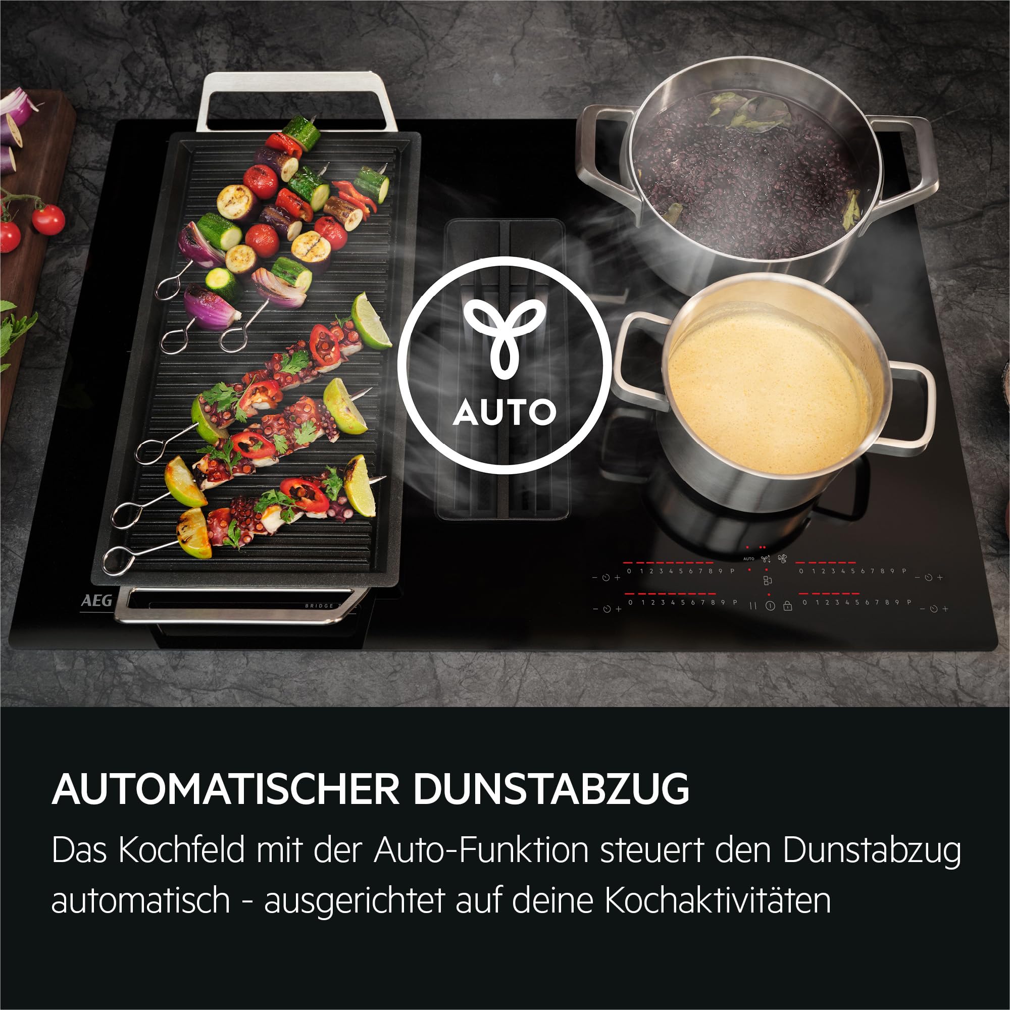 AEG Induktionskochfeld 80cm mit Integriertem Dunstabzug, Testsieger StiWa und ETM, Made in Germany, SaphirMatt Oberfläche 10x Kratzresistenter, Spülmaschinenfeste Fett-, Aktivkohlefilter, TH84CB0BSZ
