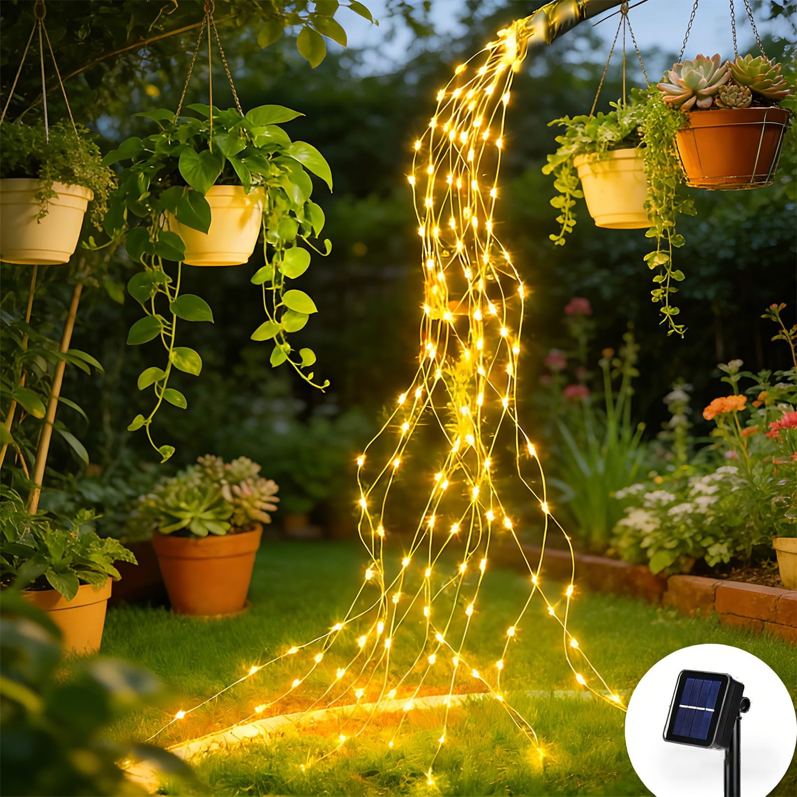 Dekofun Solar Lichterschweif 2M 200 LED Lichterbündel mit Timer, 8 Modi Wasserfall Lichterkette IP65 Wasserdicht Lichterstrang für Gießkanne Pflanzen Tisch Terrasse Wand Garten Zelt Balkon Außen Deko