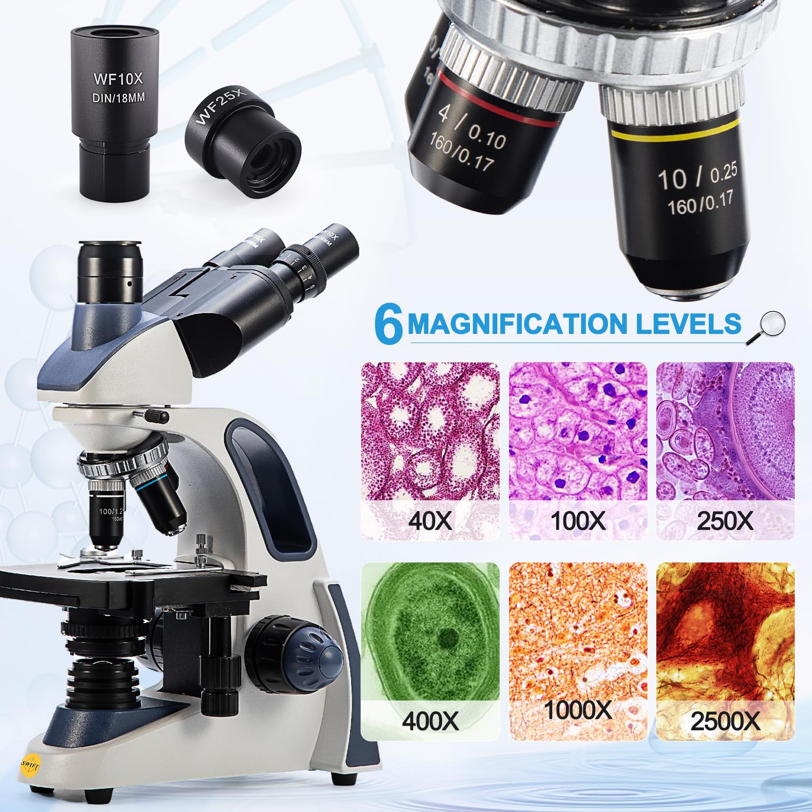 SWIFT Microscopio composto trinoculare SW380T, 40X-2500X, con fotocamera da 5 MP e diapositive, testa Siedentopf, grado di ricerca, stadio meccanico a due strati