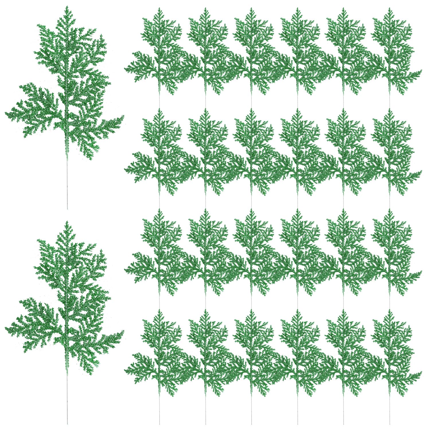 DIYASY Artificial Glitter Fern Leaf, 11'' Christmas Tree Filler Branches Floral Picks Pine Needles Fake Twigs Leaves Ornaments for Xmas Tree Holiday Wreath Home Decorations (Green)
