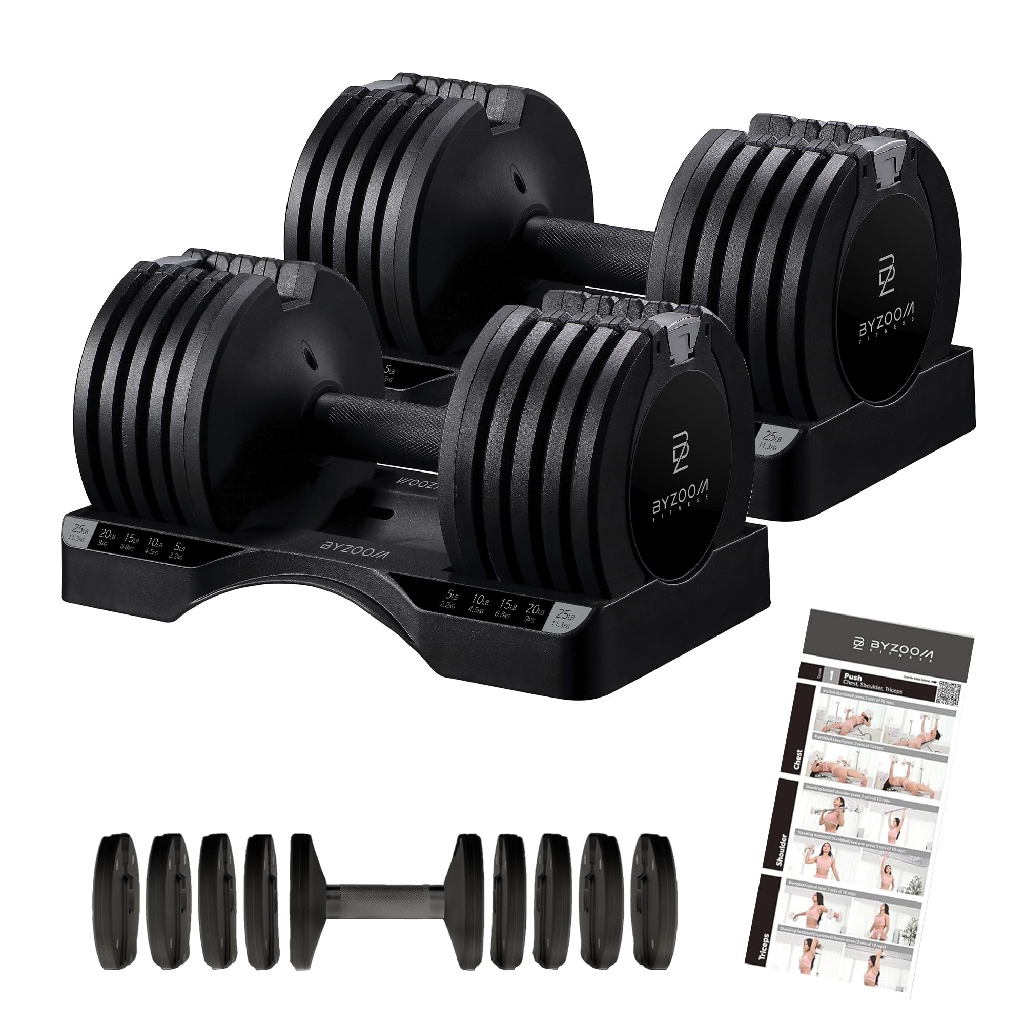 BYZOOM FITNESS Adjustable Dumbbell – 12.5/25lb Single Unit OR Set of 2 – 5-in-1 Adjustable Weight for Home Gym, Strength Training & Fitness Workouts, White OR Black