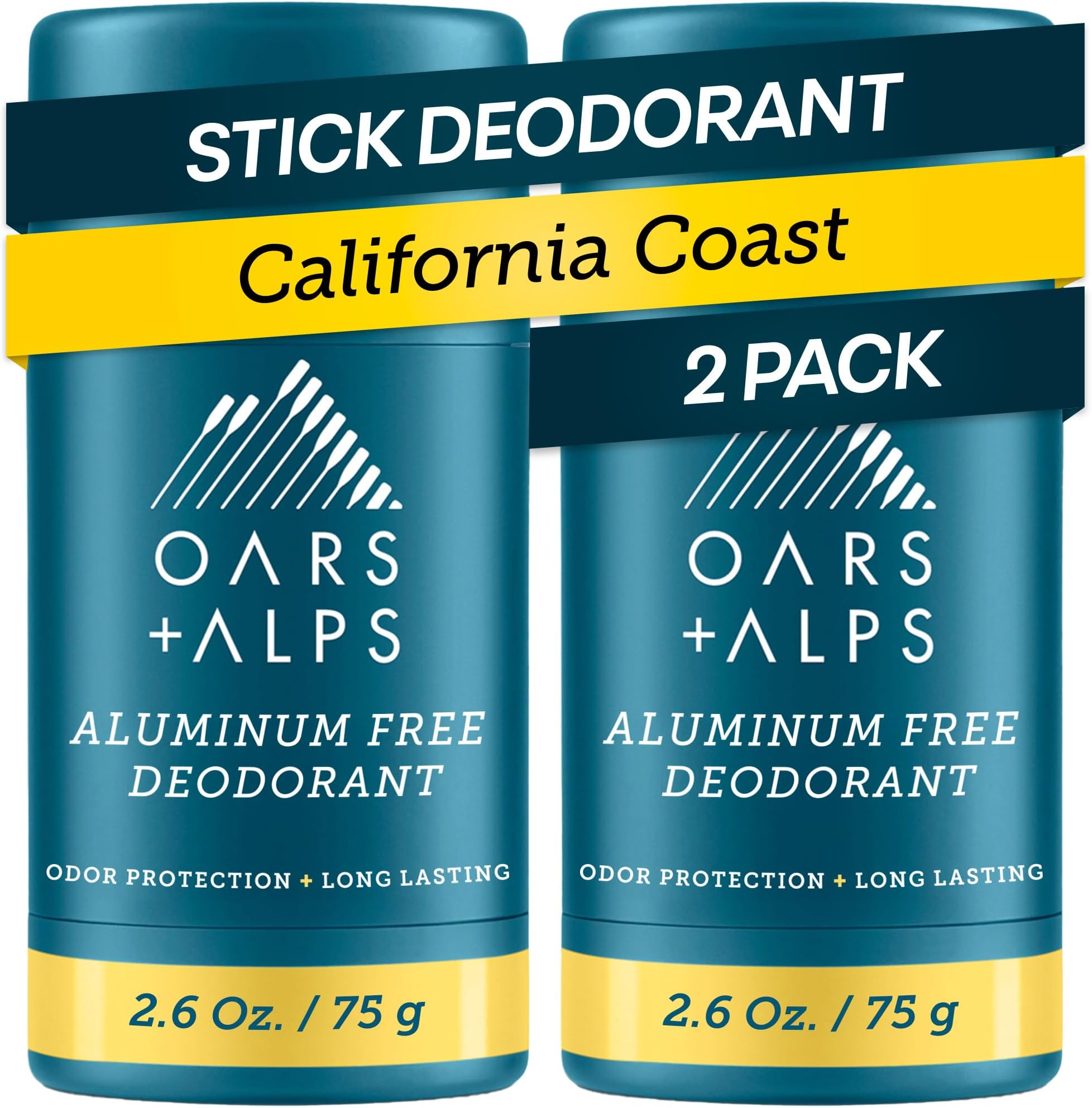 Oars + Alps Aluminum Free Deodorant for Men | Long Lasting Odor Protection, Clear & Free of White Residue, Anti-Chafing Smooth Glide, Dermatologist Tested, California Coast, 2pk, 2.6oz