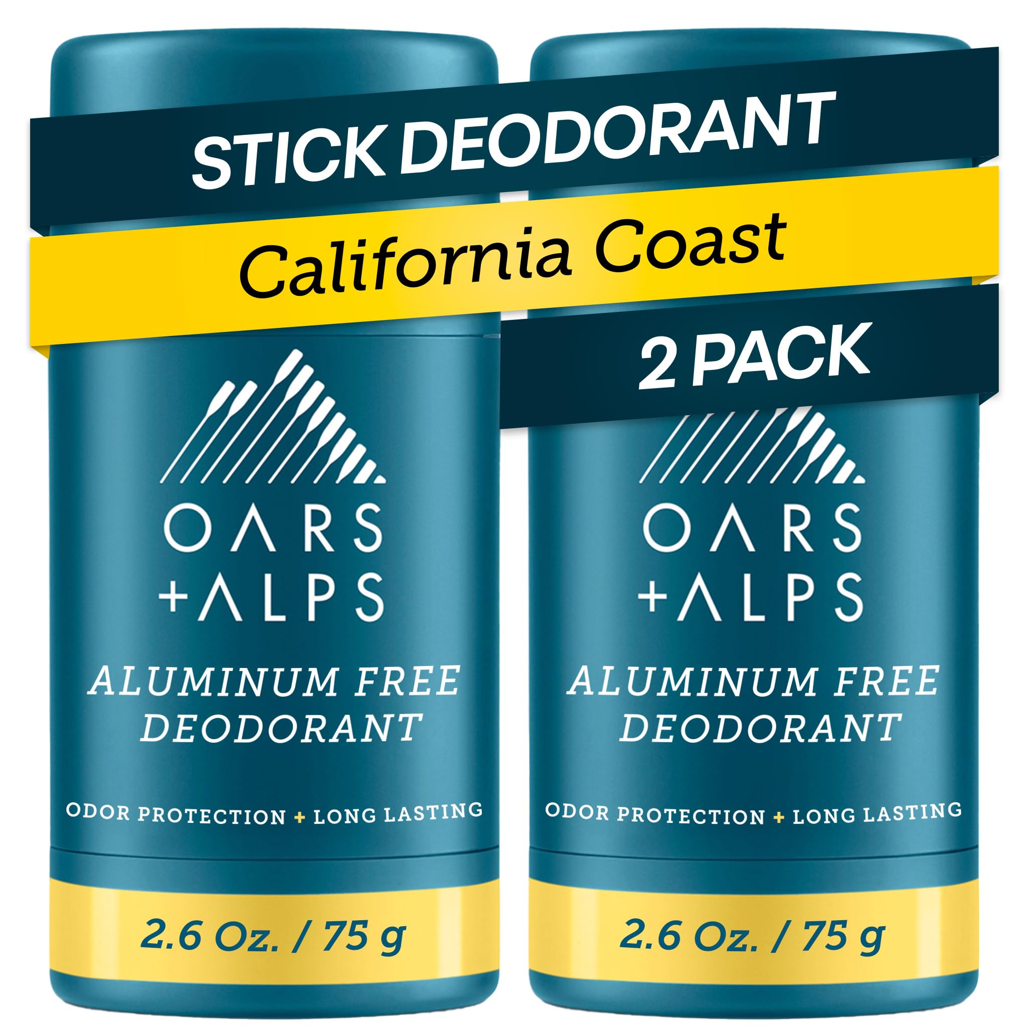 Oars + Alps Deodorant for Men & Women, Aluminum Free Deodorant for Men, Dermatologist Tested, Clean Ingredients, Vegan, Long Lasting, Odor Protection, California Coast, 2pk, 2.6oz