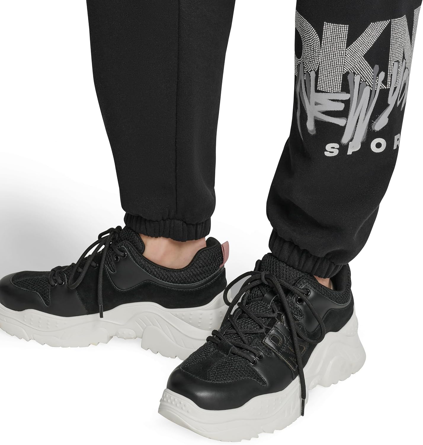DKNY Womens High Rise Rhinestone Logo Graffiti Relaxed Jogger with Pockets - Image 5