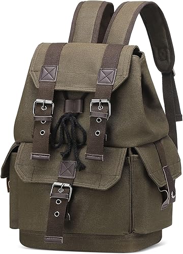 Mochila de lona vintage para hombres y mujeres, mochila casual duradera, mochila de viaje de gran capacidad para senderismo y uso diario (verde)