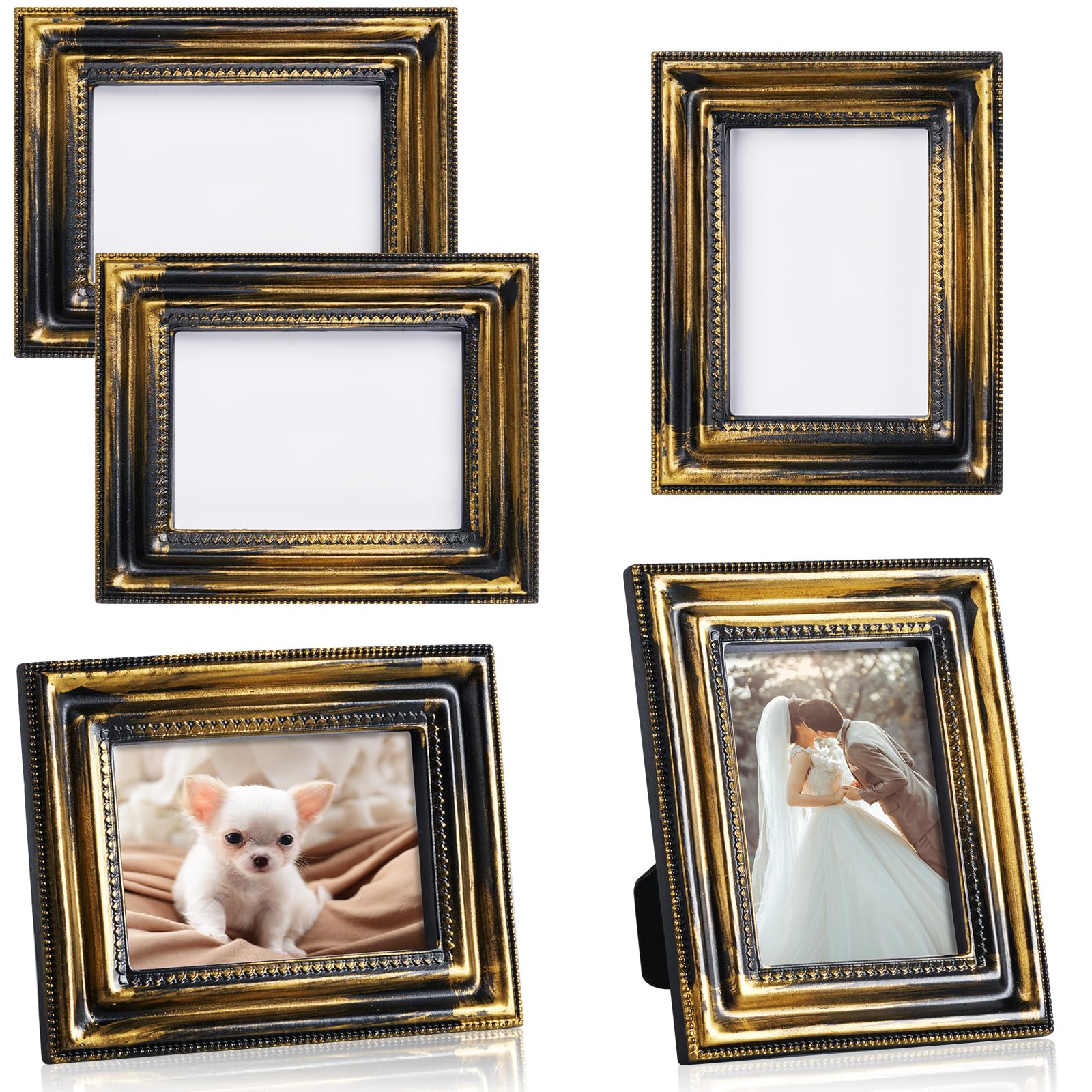 Qunclay Lot de 5 petits cadres photo dorés, noirs et blancs - 5 mini cadres photo rétro - 5 x 3,5 cm - Décoration murale - Décoration de table - Doré, noir et classique