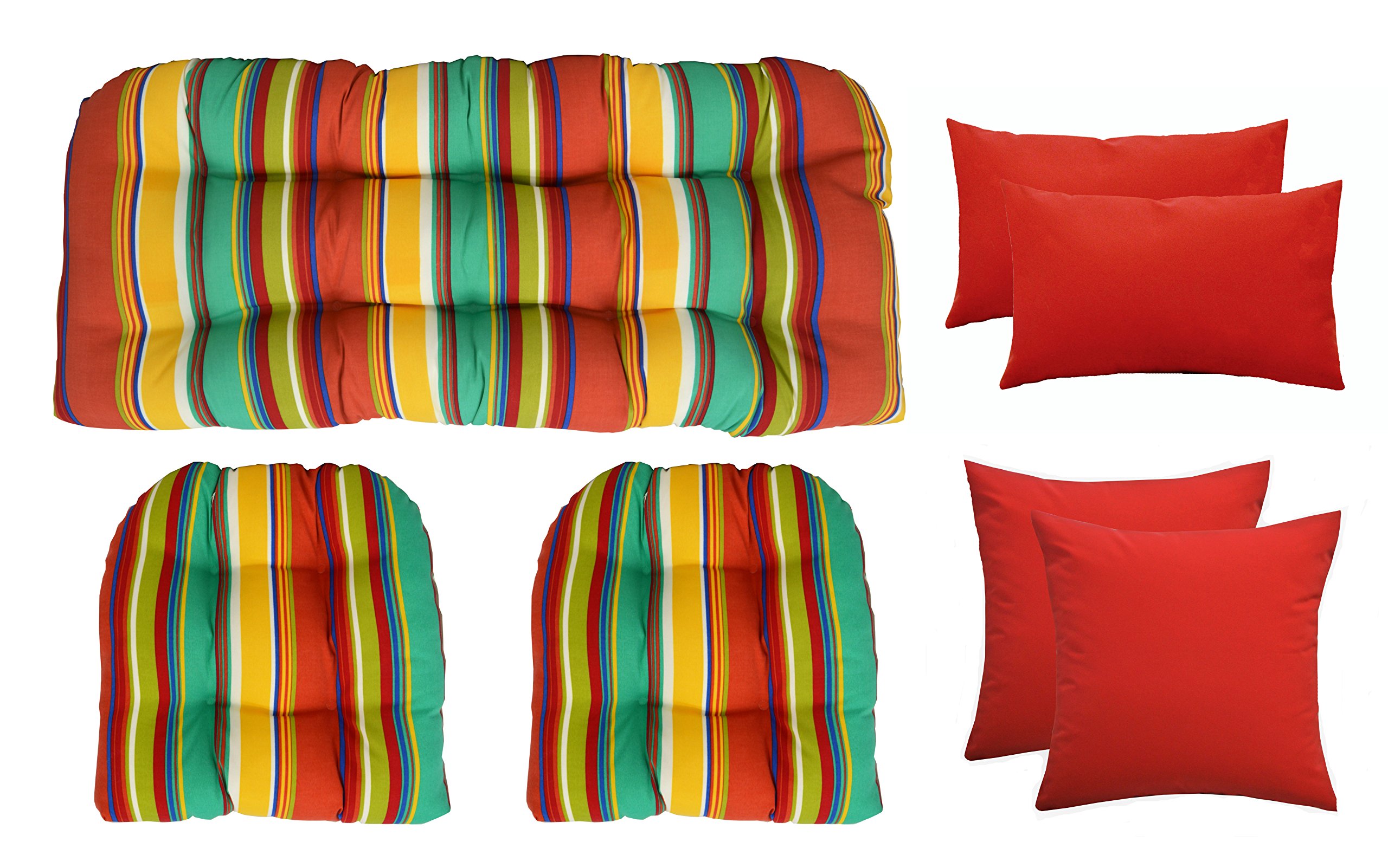 RSH Décor Indoor Outdoor Wicker & Pillow Set - Bright Colorful Stripe 3 Piece Wicker Set in 2 Sizes & 4 Bright Solid Pillows in Your Choice of Colors (Red Pillows, 41
