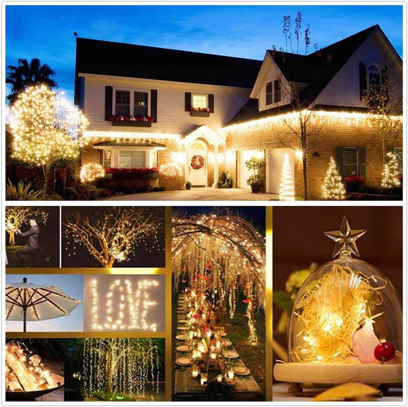NC 50/100/200/330 Luces solares LED Luces de Cadena para Exteriores Luces L Luces navideñas navideñas Luces de Hadas Impermeables. Árboles, Jardines, terrazas, Patios, Bodas, Fiestas (Blanco cálido)